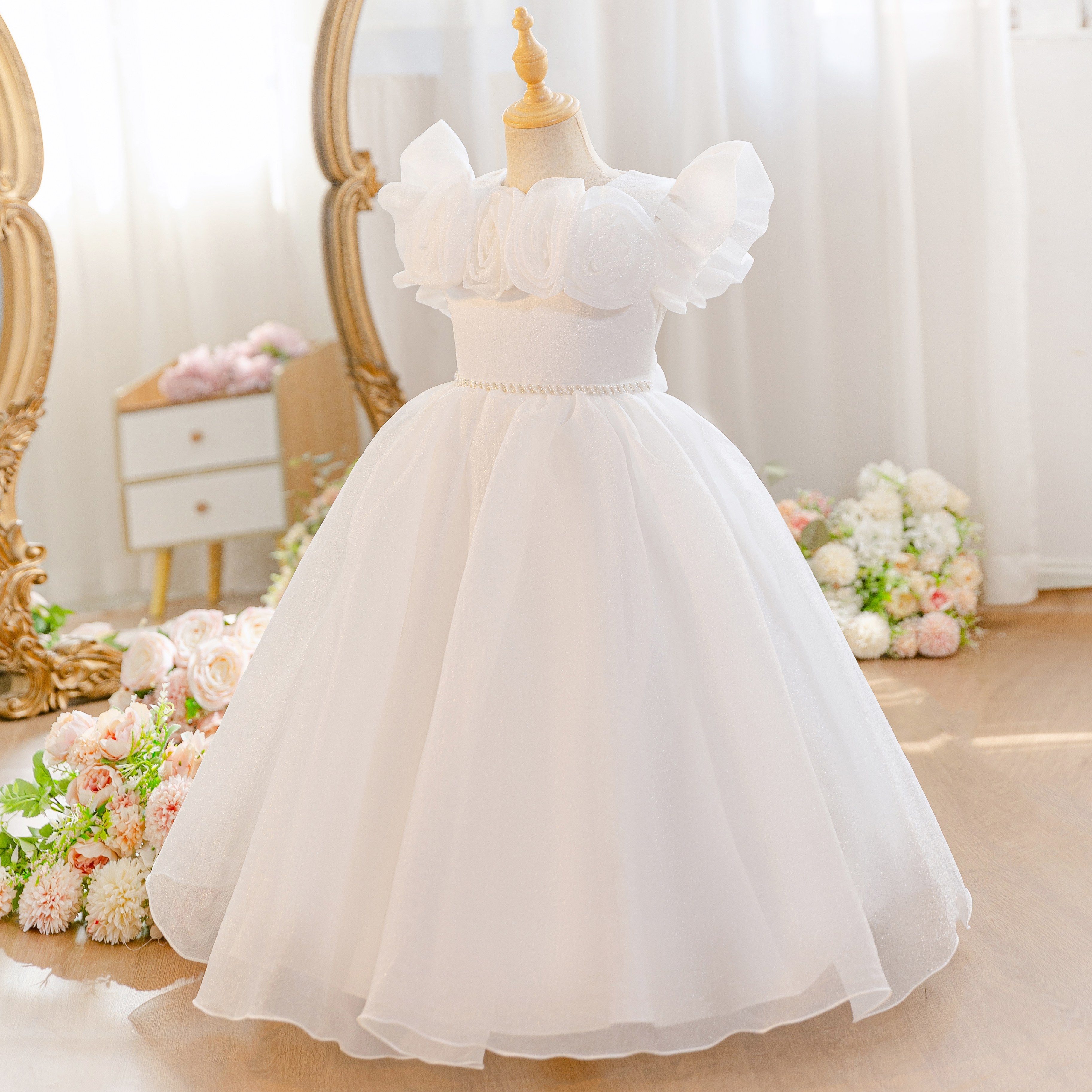 Wholesale 5-11Y Girls 3D Rose Tulle Princess Dress, Kids Birthday Party Pearl Waist Soft Shimmer Mesh Formal Gown