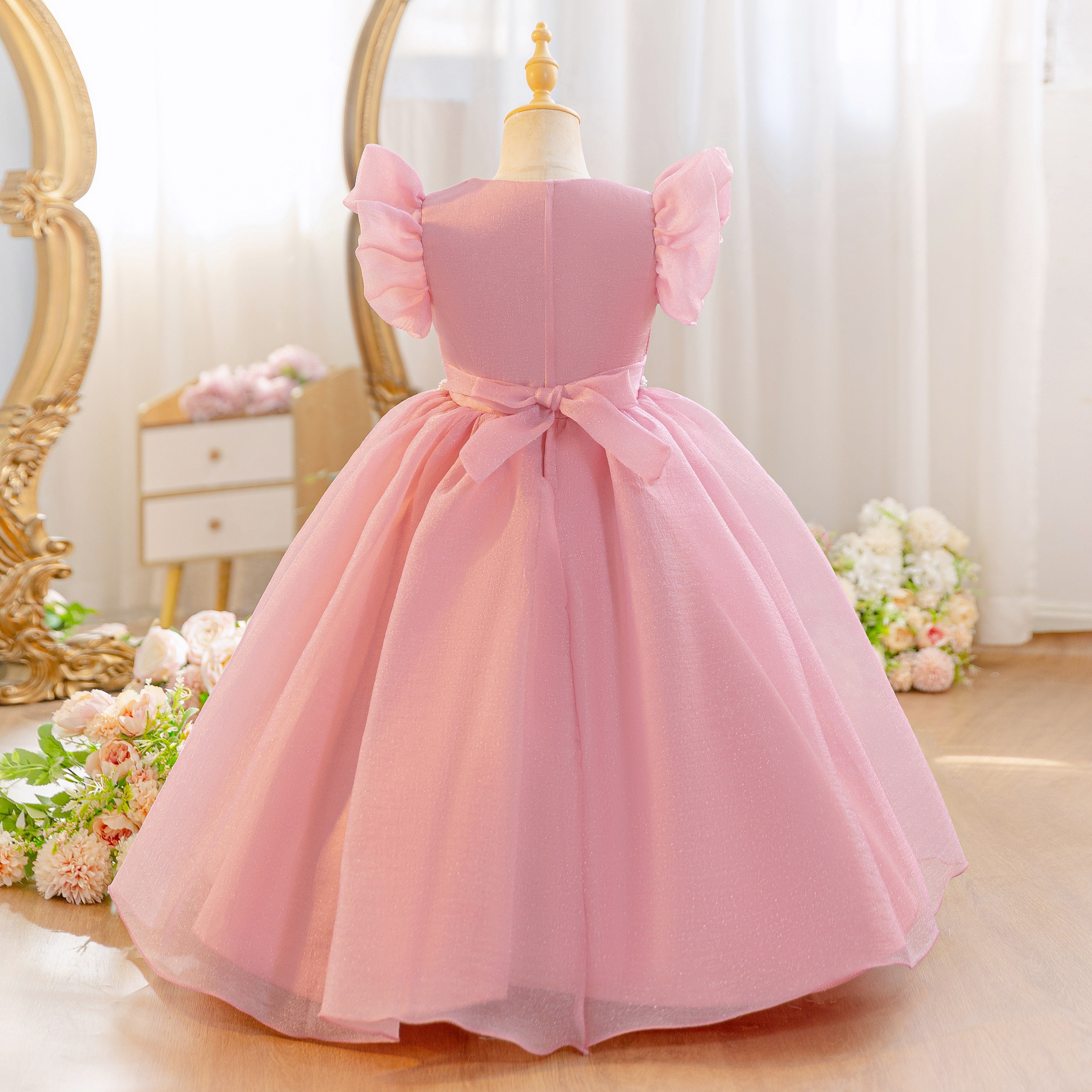 Wholesale 5-11Y Girls 3D Rose Tulle Princess Dress, Kids Birthday Party Pearl Waist Soft Shimmer Mesh Formal Gown