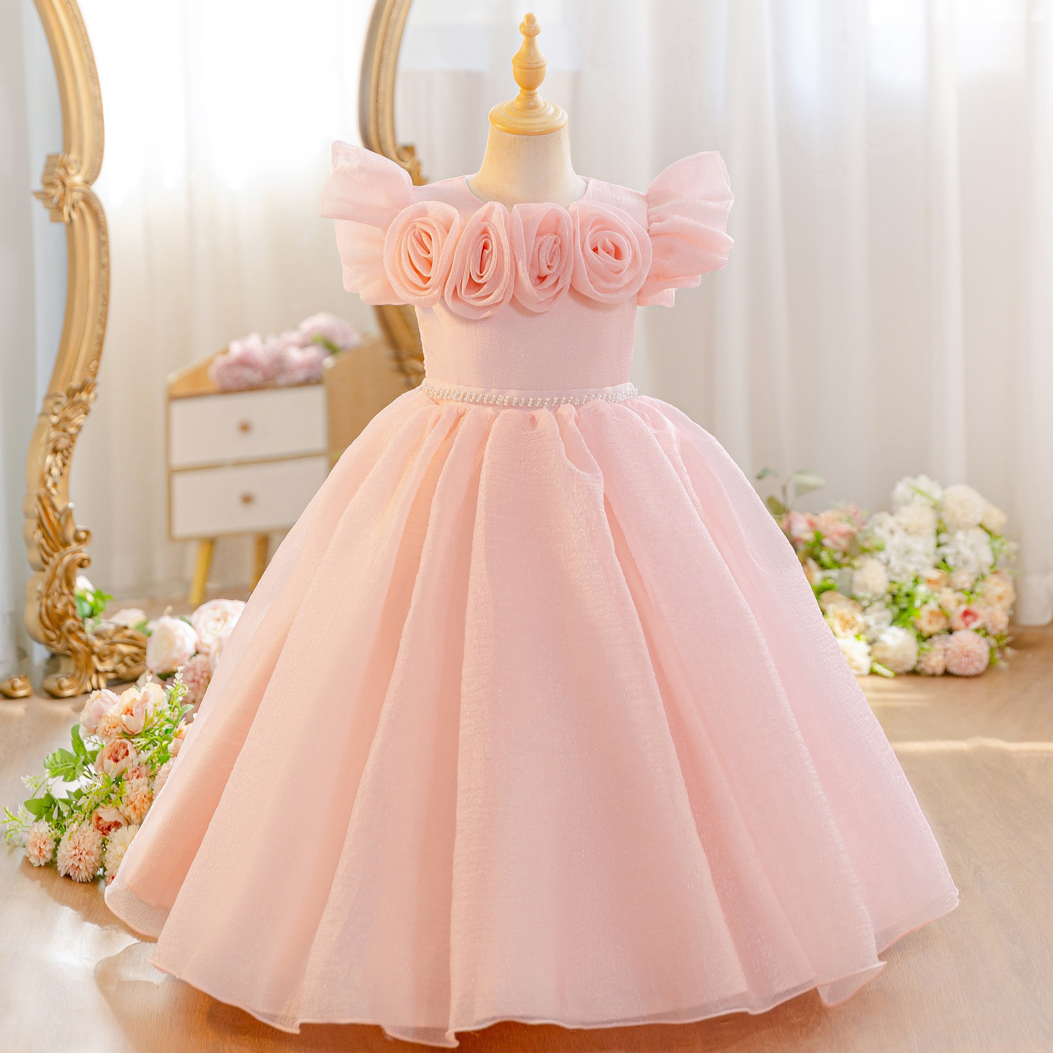 Wholesale 5-11Y Girls 3D Rose Tulle Princess Dress, Kids Birthday Party Pearl Waist Soft Shimmer Mesh Formal Gown