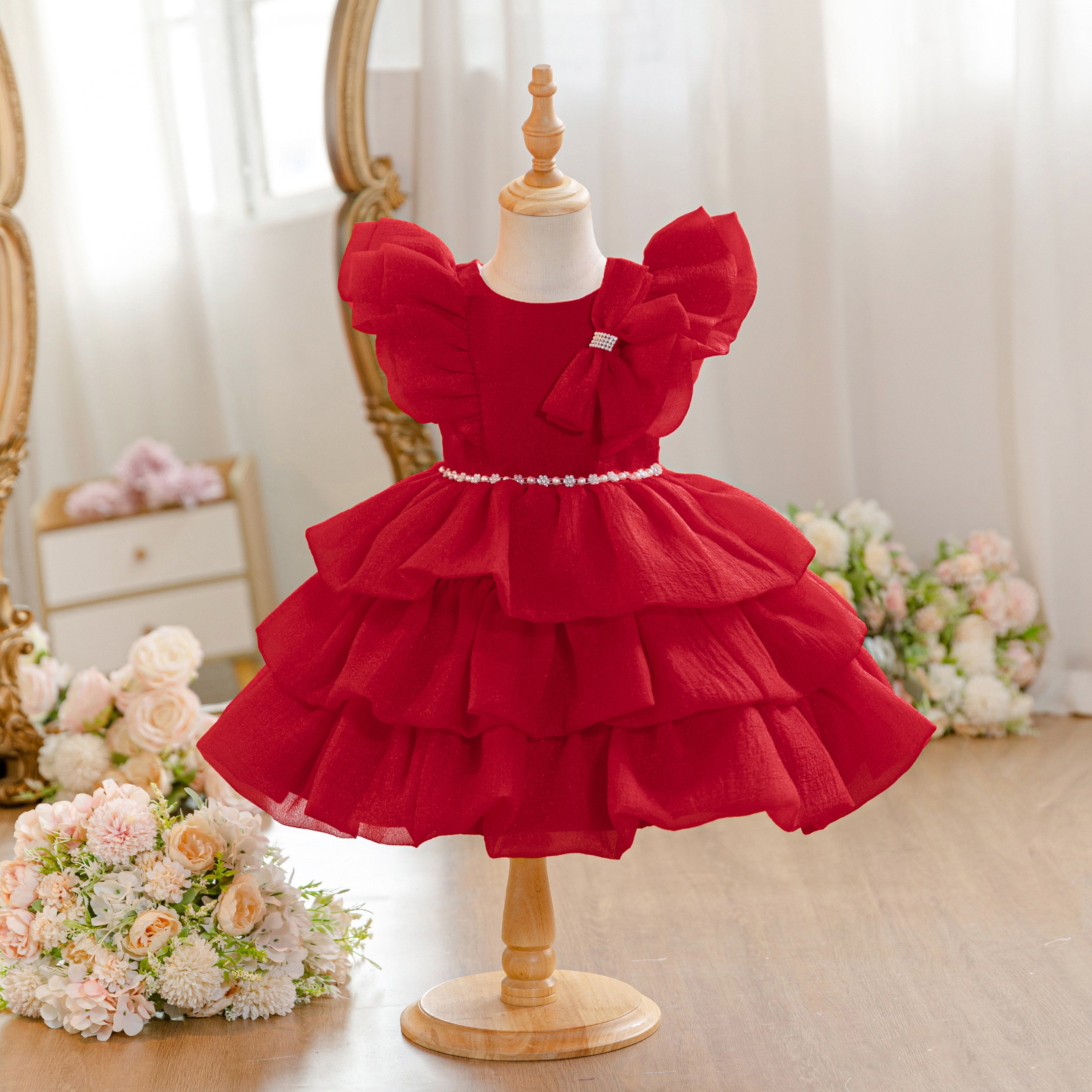Wholesale 18M-7Y Girls Flutter Bow Glitter Tiered Tulle Princess Dress, Kids Birthday Party Pearl Waist Soft Mesh Formal Gown