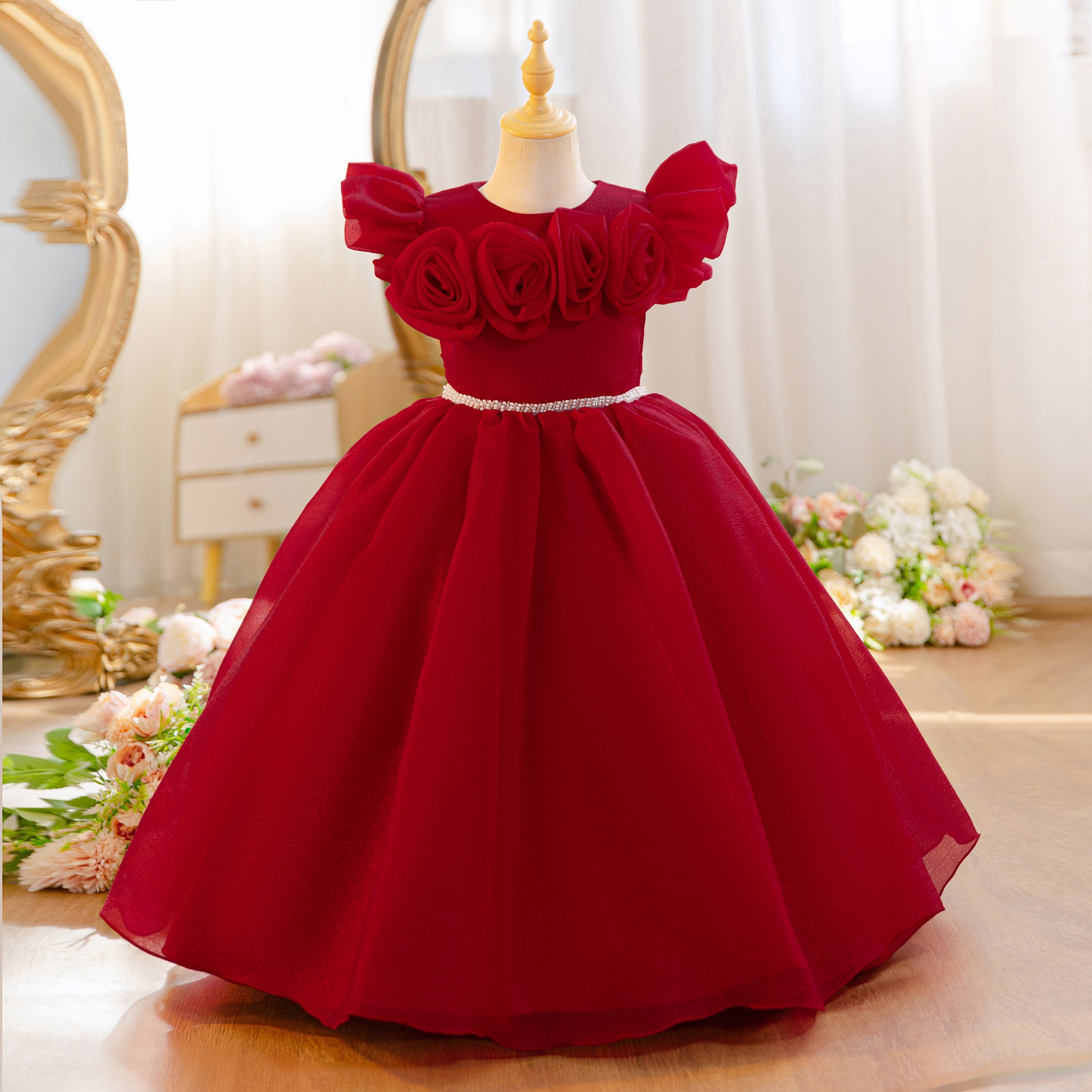 Wholesale 5-11Y Girls 3D Rose Tulle Princess Dress, Kids Birthday Party Pearl Waist Soft Shimmer Mesh Formal Gown