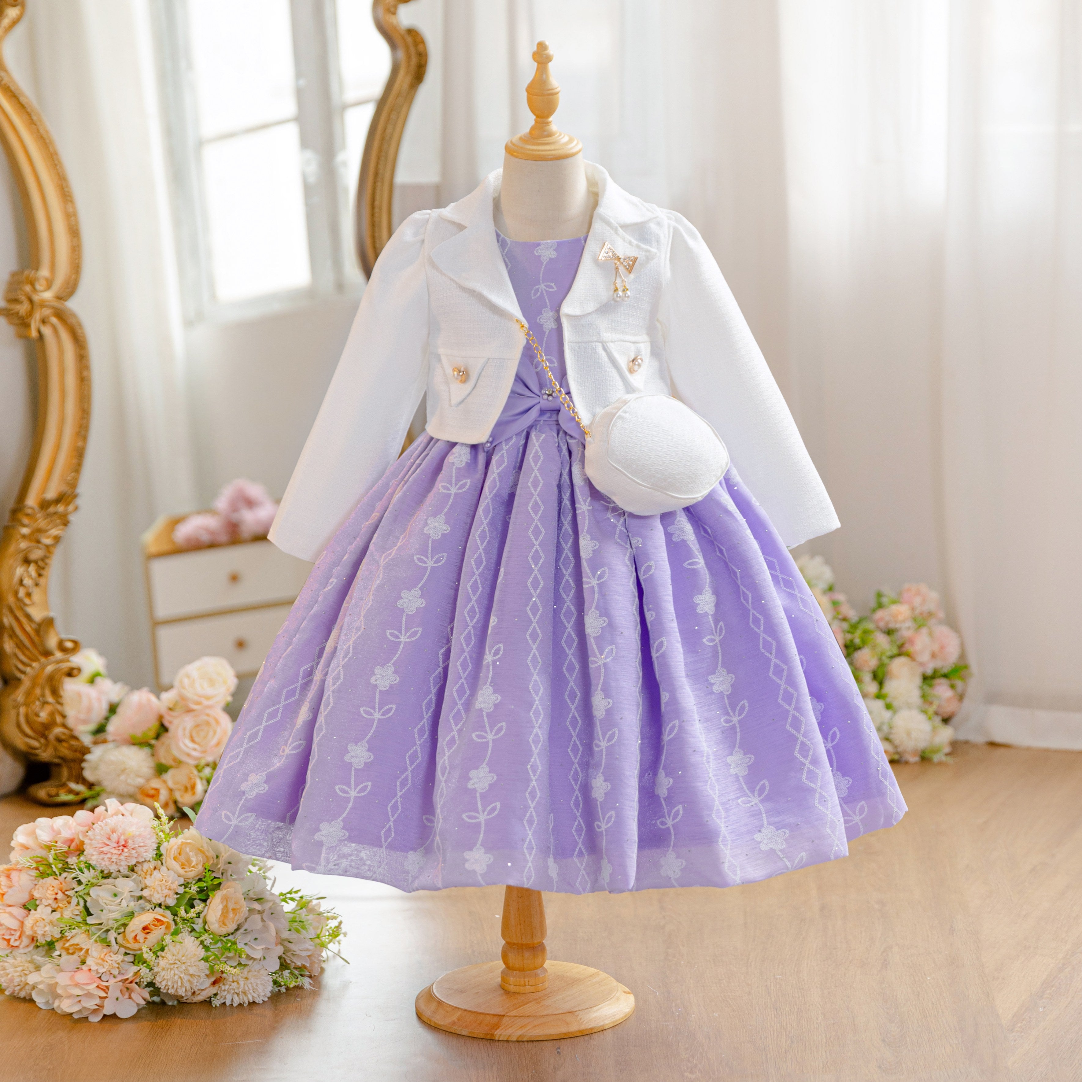 Wholesale 5-10Y Girls 3Pcs Woven Embroidery Princess Dress Set, Kids Birthday Party Lapel Blazer Soft Fabric Formal Outfit With Mini Crossbody Bag