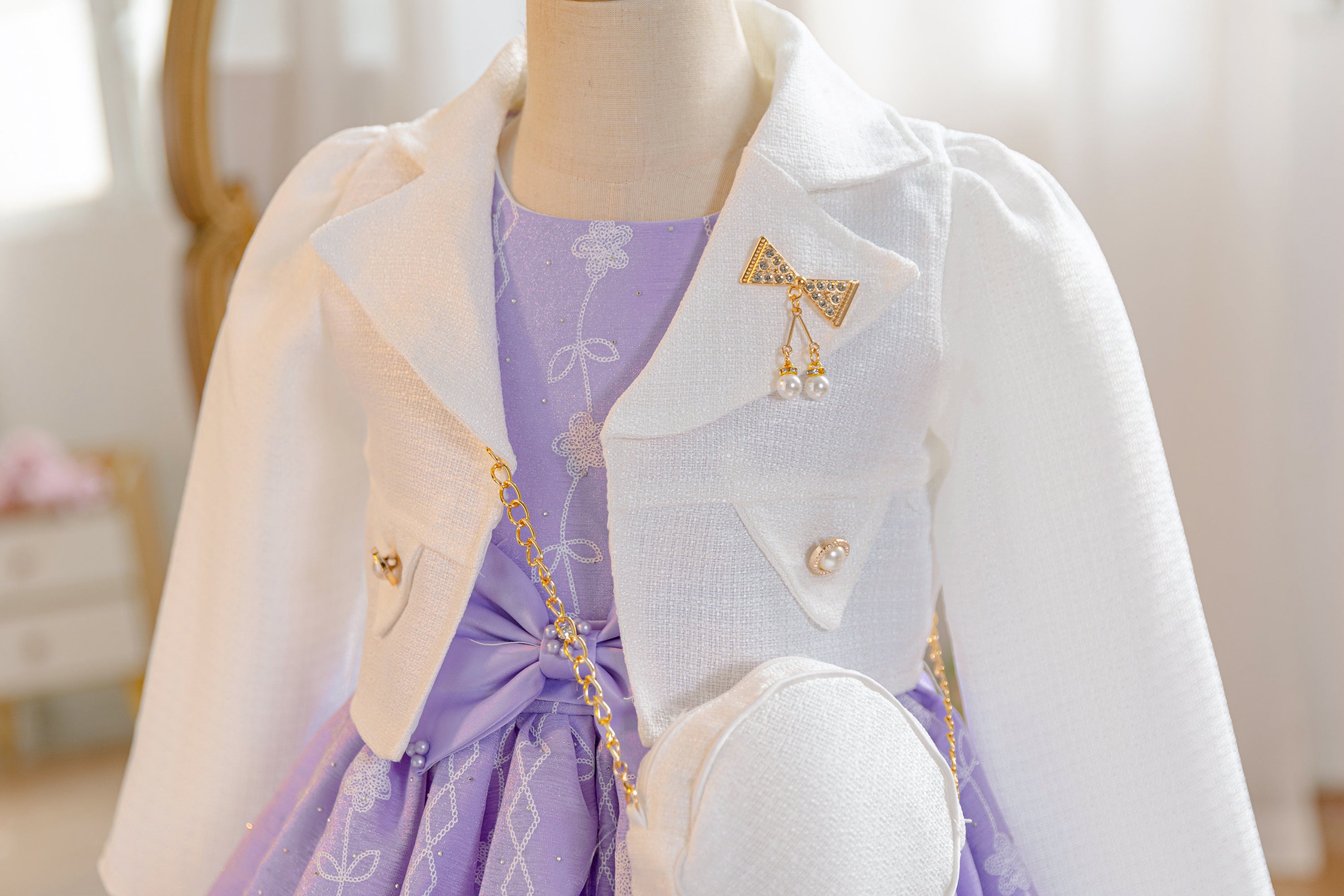 Wholesale 5-10Y Girls 3Pcs Woven Embroidery Princess Dress Set, Kids Birthday Party Lapel Blazer Soft Fabric Formal Outfit With Mini Crossbody Bag