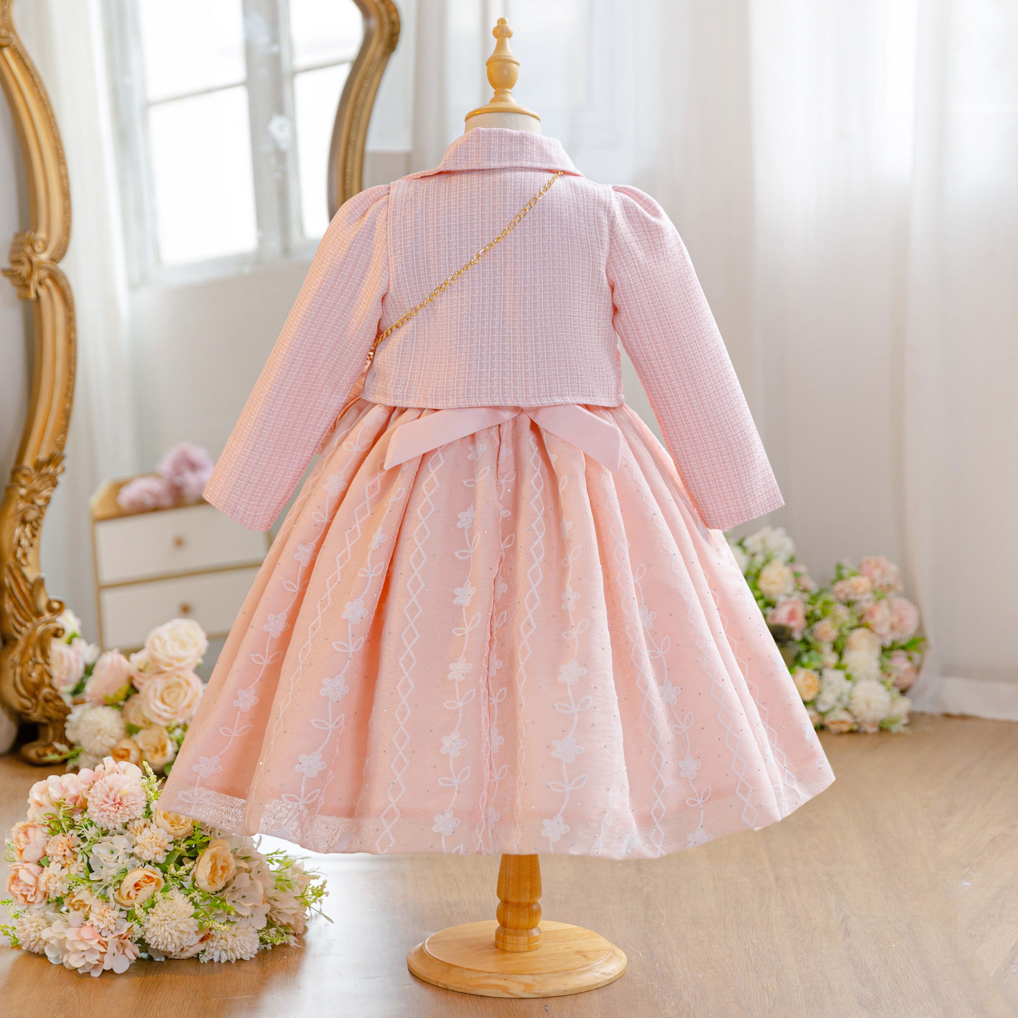 Wholesale 5-10Y Girls 3Pcs Woven Embroidery Princess Dress Set, Kids Birthday Party Lapel Blazer Soft Fabric Formal Outfit With Mini Crossbody Bag