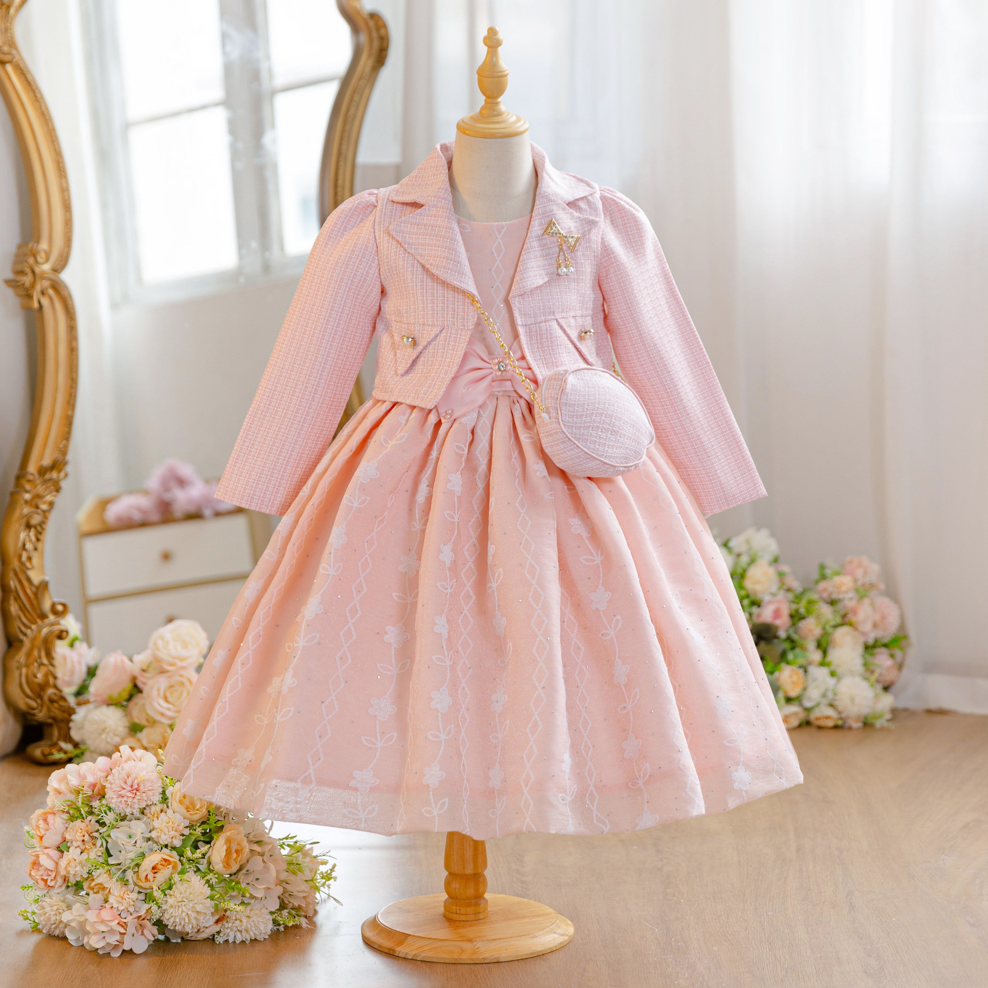 Wholesale 5-10Y Girls 3Pcs Woven Embroidery Princess Dress Set, Kids Birthday Party Lapel Blazer Soft Fabric Formal Outfit With Mini Crossbody Bag
