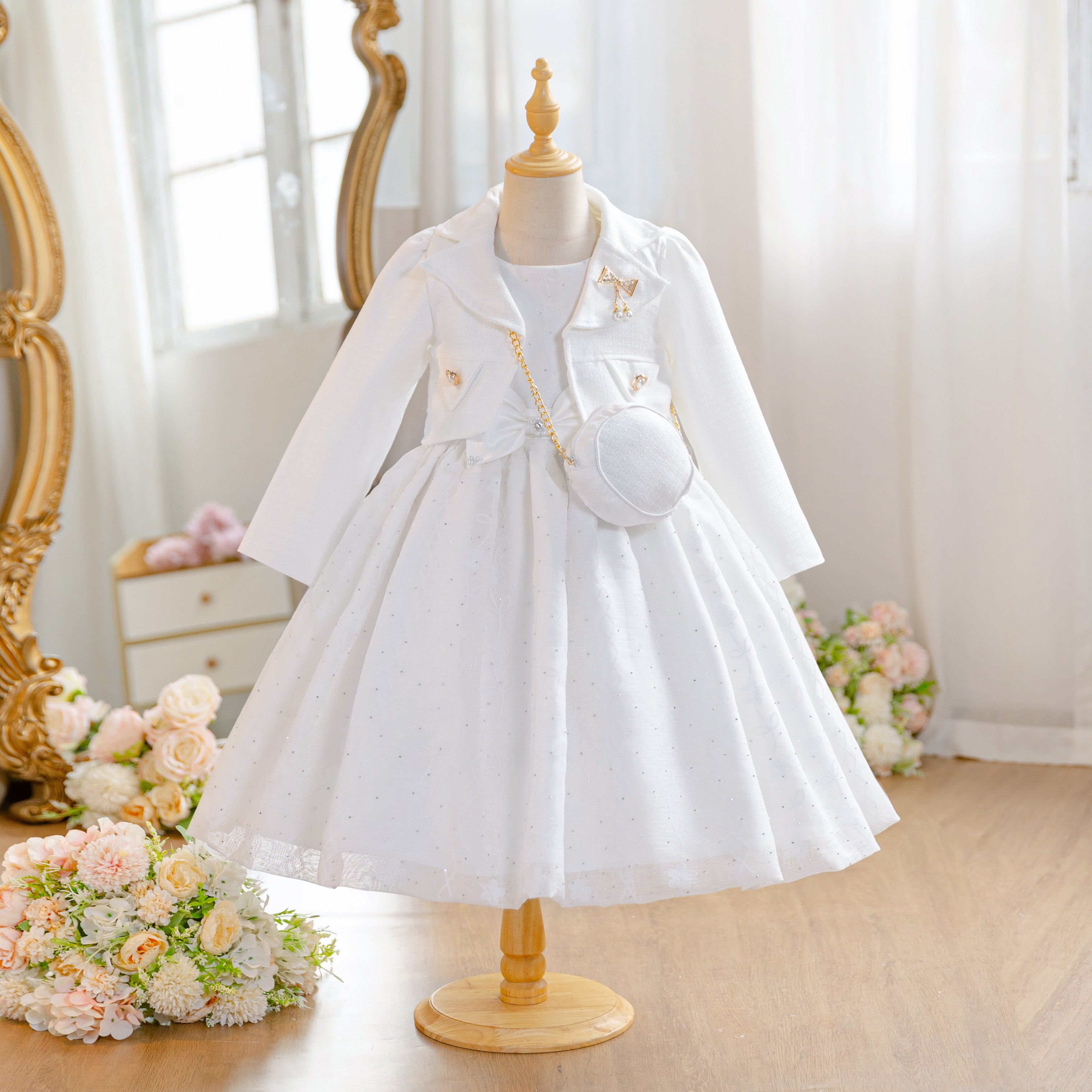 Wholesale 5-10Y Girls 3Pcs Woven Embroidery Princess Dress Set, Kids Birthday Party Lapel Blazer Soft Fabric Formal Outfit With Mini Crossbody Bag