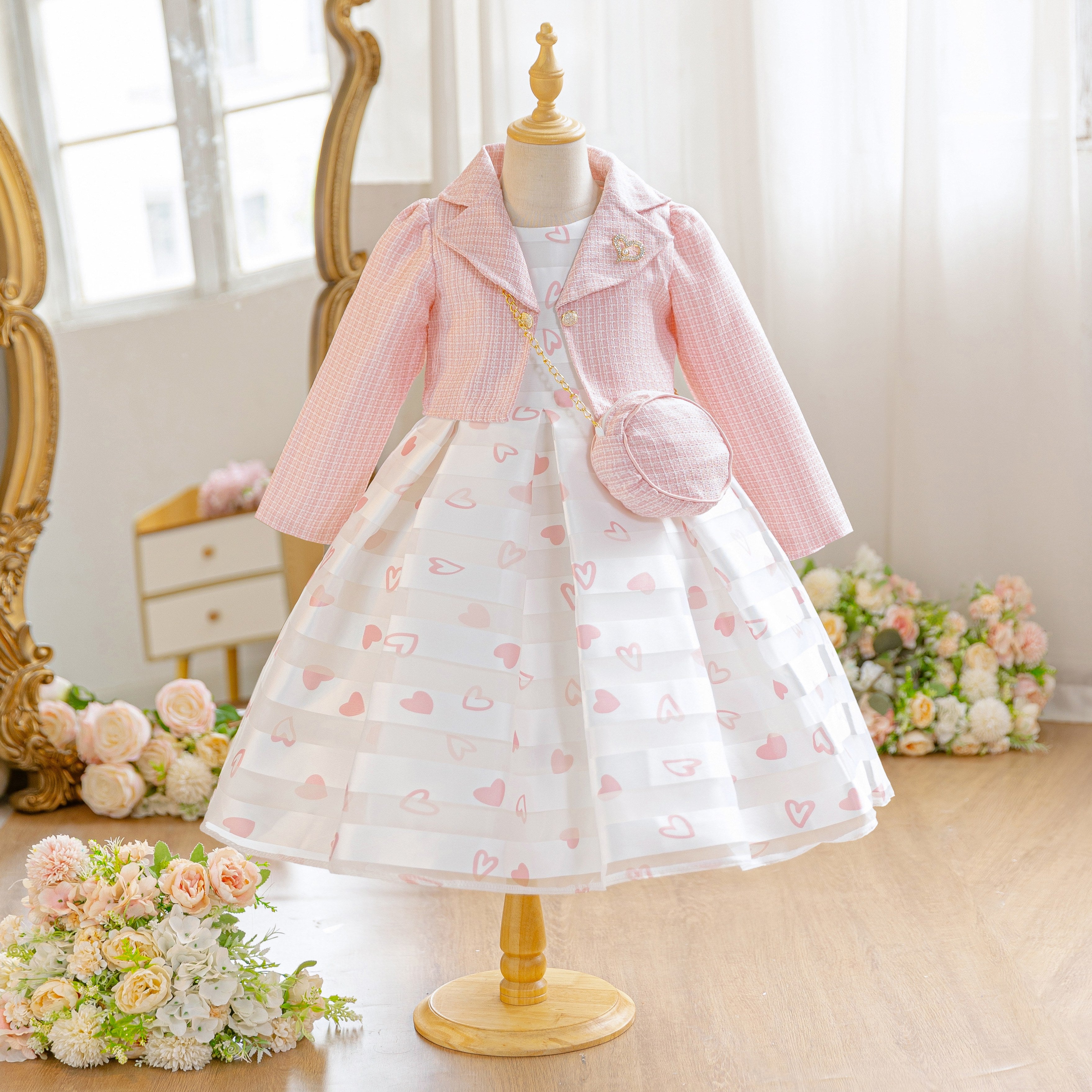 Wholesale 5-10Y Girls 3Pcs Woven Embroidery Princess Dress Set, Kids Birthday Party Lapel Blazer Soft Fabric Formal Outfit With Mini Crossbody Bag(副本)