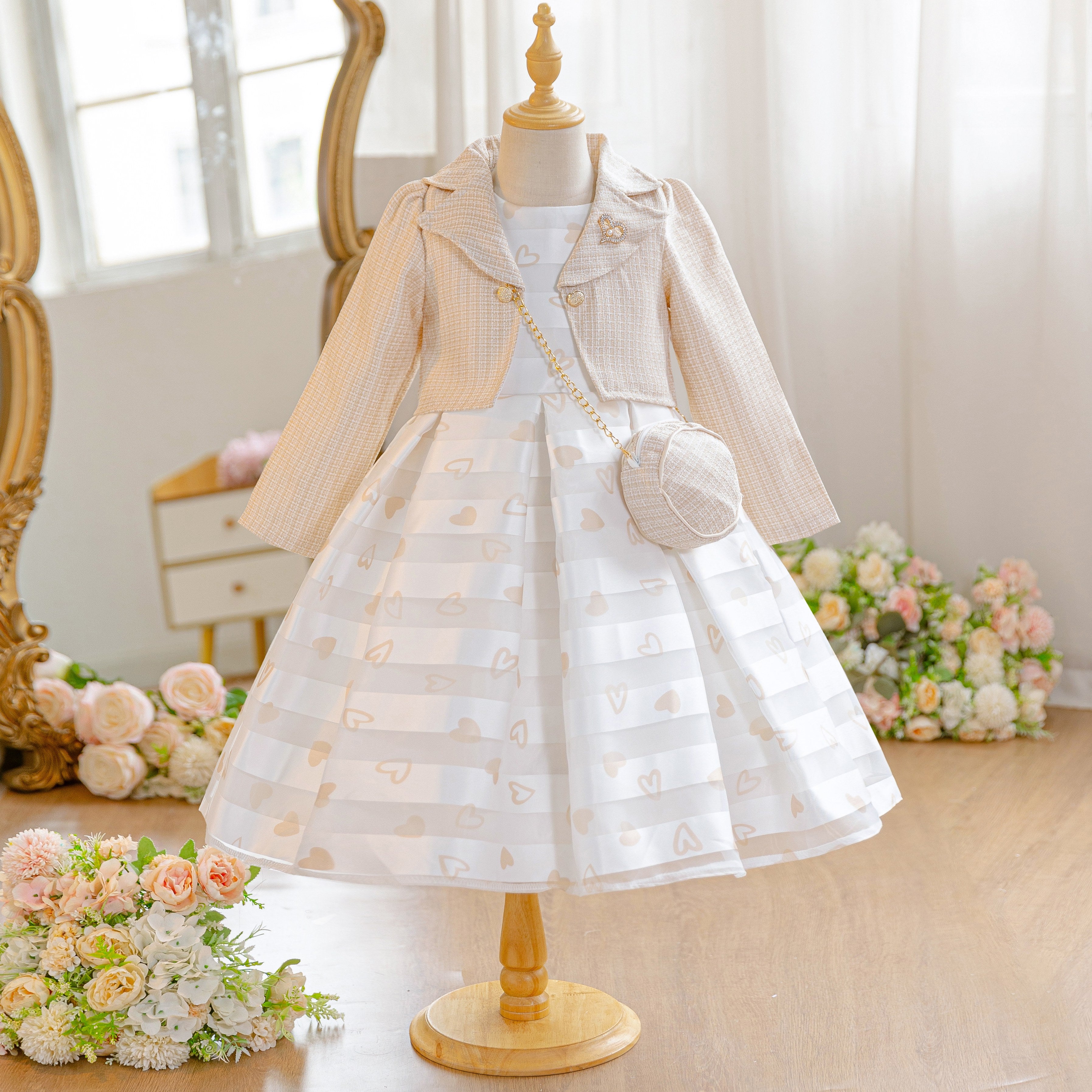 Wholesale 5-10Y Girls 3Pcs Woven Embroidery Princess Dress Set, Kids Birthday Party Lapel Blazer Soft Fabric Formal Outfit With Mini Crossbody Bag(副本)