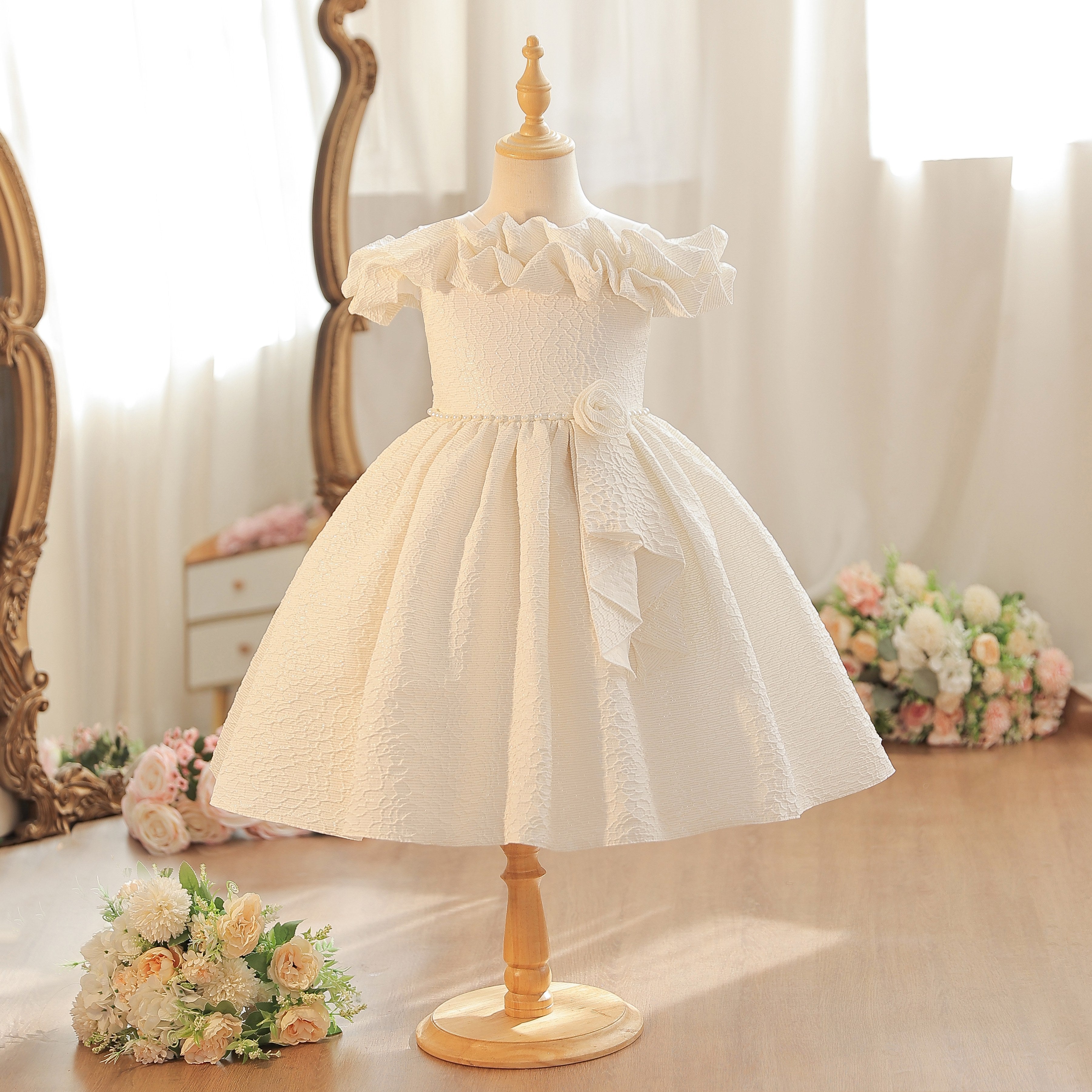 Wholesale 18M-7Y Girls Off Shoulder Ruffle Embossed Fabric Princess Dress, Kids Birthday Party Floral Decor Soft Woven Formal Gown