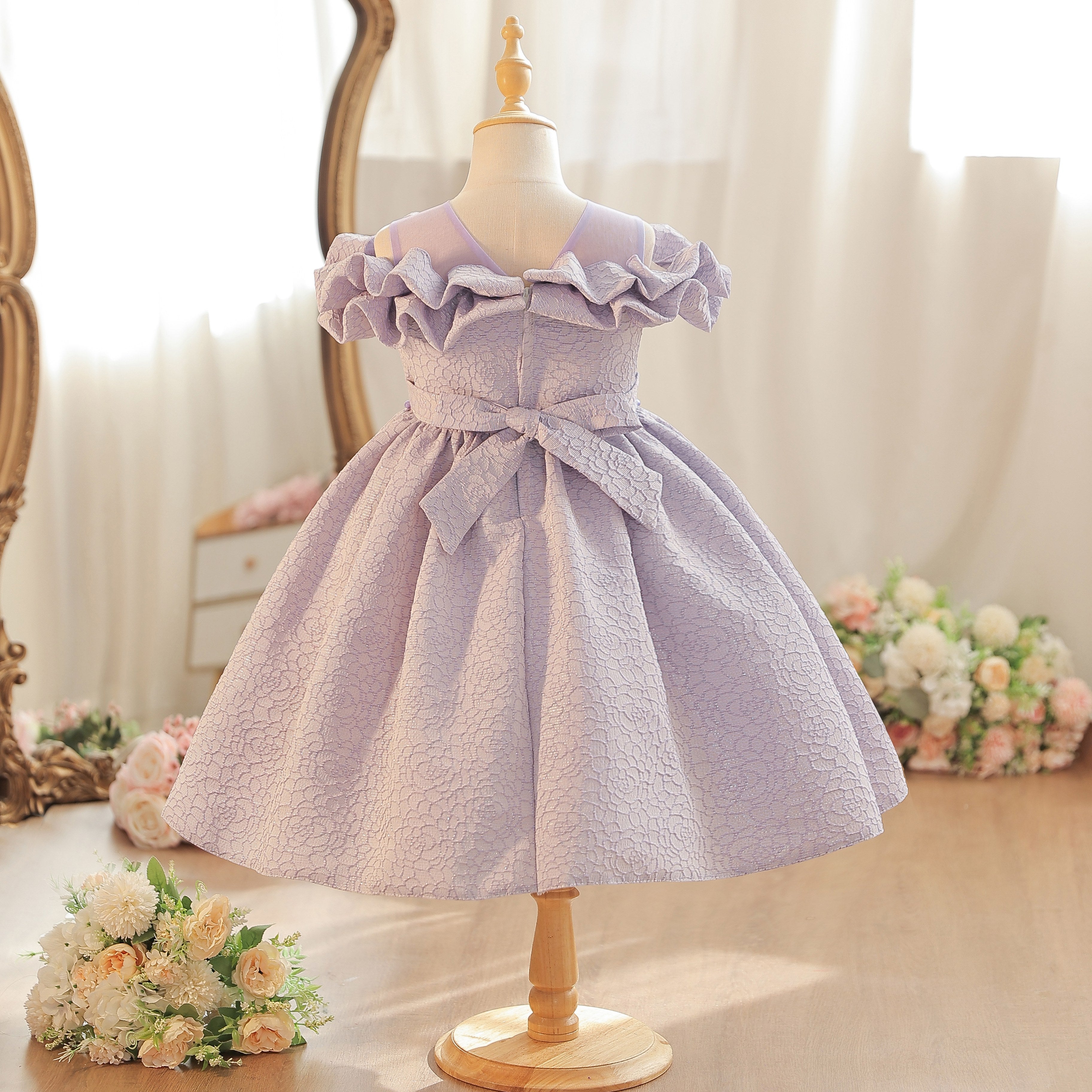 Wholesale 18M-7Y Girls Off Shoulder Ruffle Embossed Fabric Princess Dress, Kids Birthday Party Floral Decor Soft Woven Formal Gown
