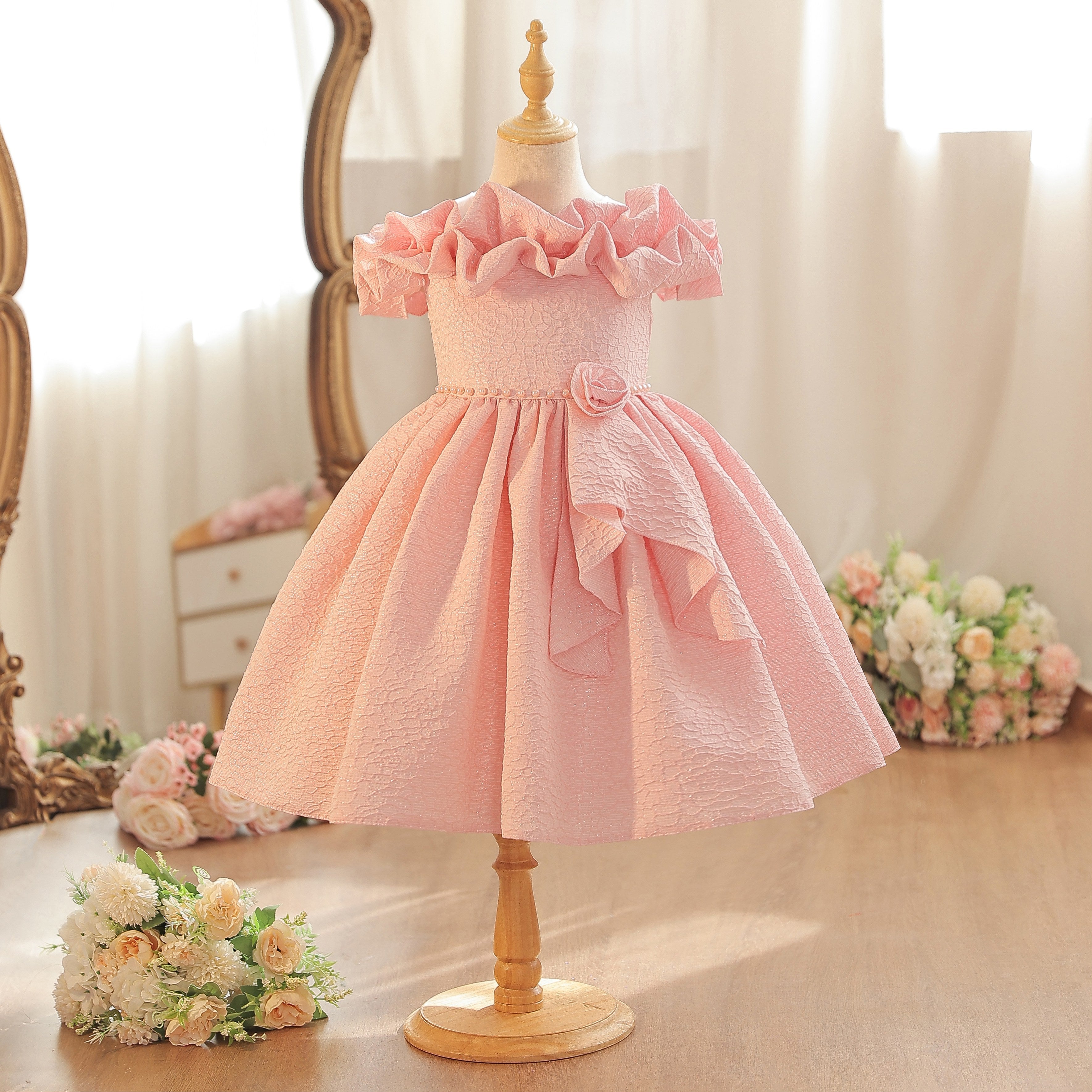 Wholesale 18M-7Y Girls Off Shoulder Ruffle Embossed Fabric Princess Dress, Kids Birthday Party Floral Decor Soft Woven Formal Gown