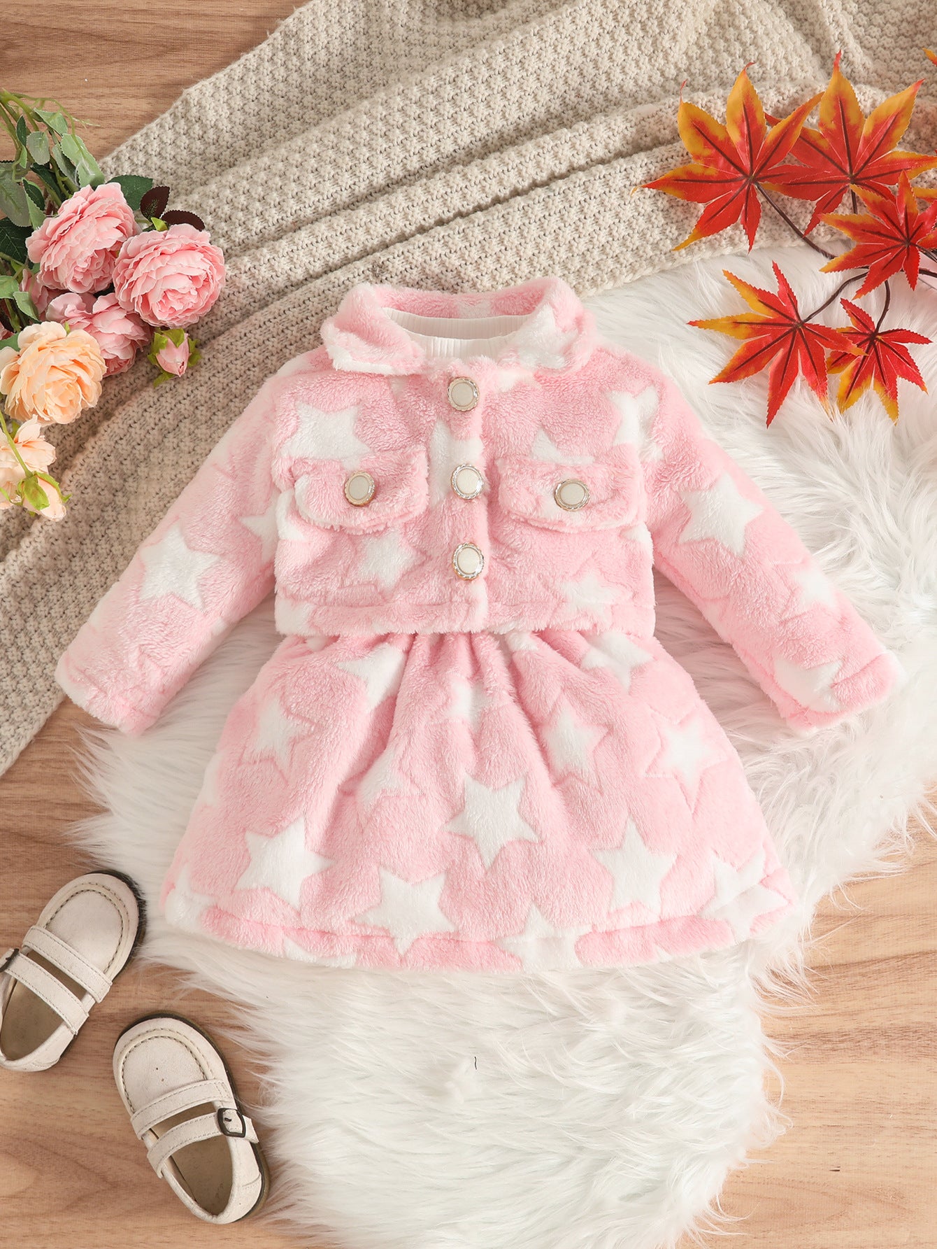 Wholesale 6M-3T Girls 2Pcs Star Fleece Jacket & Rib Knit Dress Outfit Set, Soft Fluffy Plush Toddler Winter Clothing Set