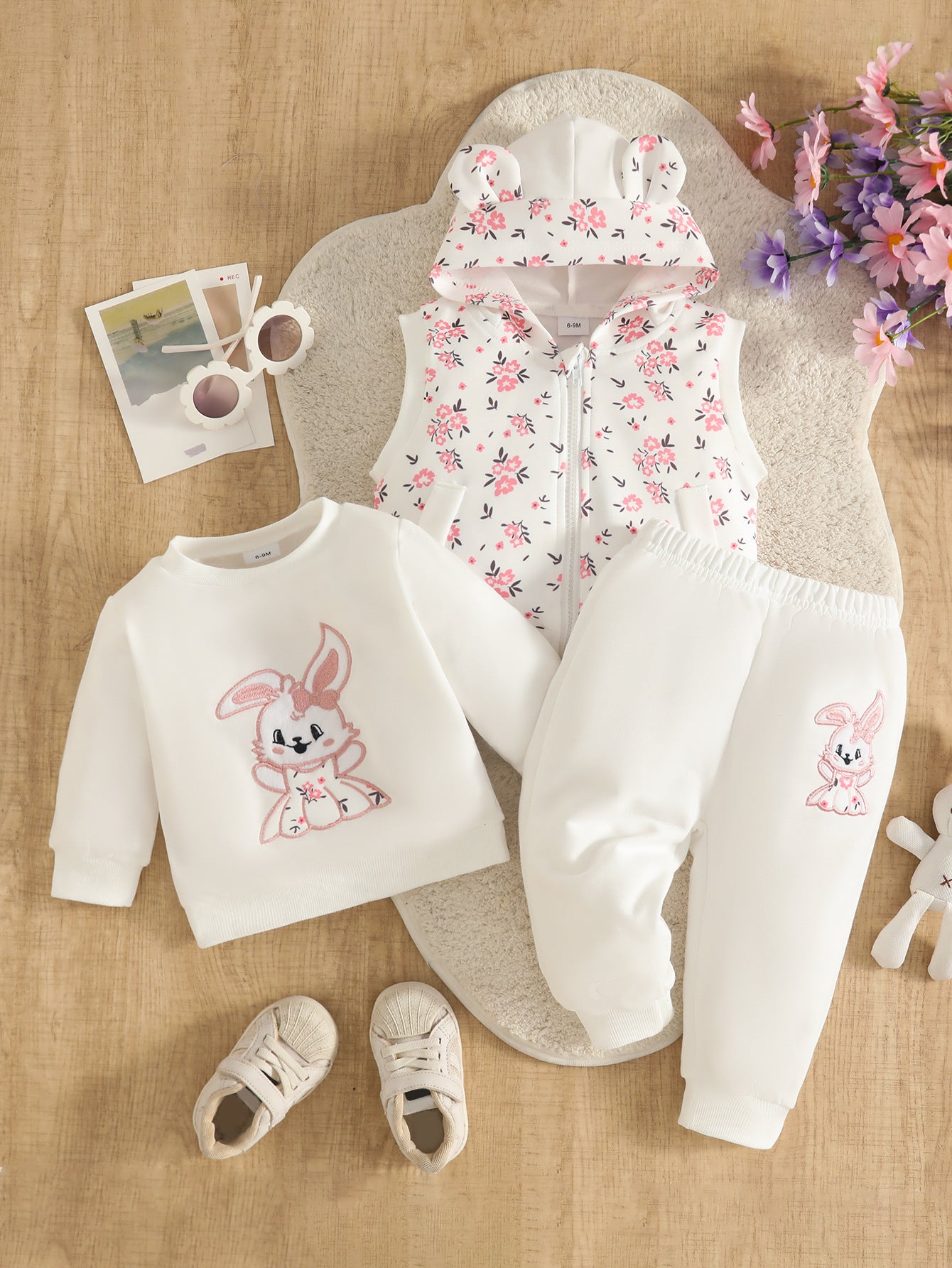 Wholesale 6M-3T Girls 3Pcs Floral Ear Hooded Vest Outfit Set, Soft Cotton Knit Bunny Embroidery Toddler Sweatshirt & Jogger Pants