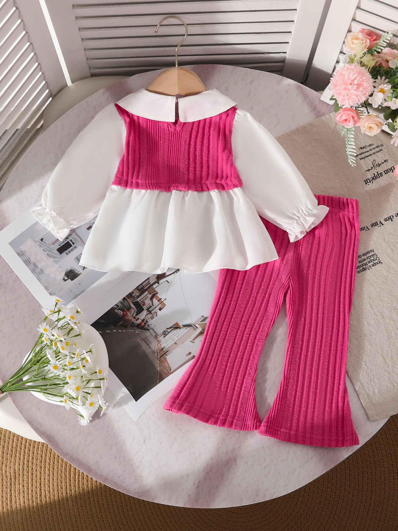 Wholesale 6M-3T Girls 2Pcs Bow Print Patchwork Long Sleeve Outfit Set, Soft Vertical Rib Knit Toddler Blouse & Flare Pants