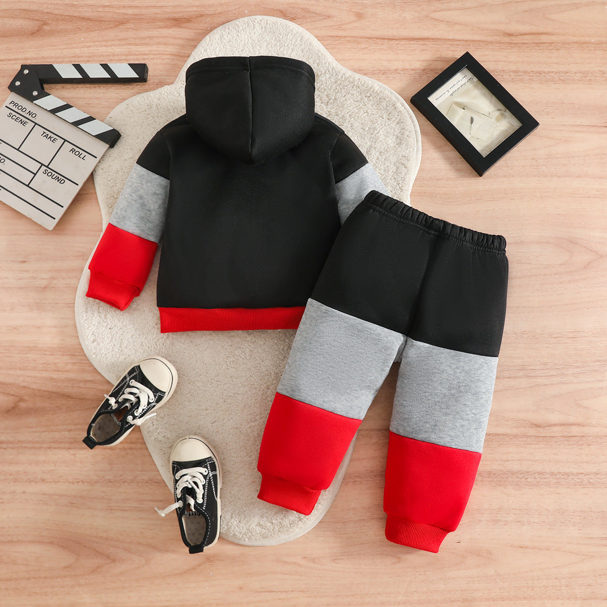 Wholesale 6M-3T Boys 2Pcs Color Block Paris Letter Zip Hoodie Outfit Set, Soft Cotton Knit Toddler Jacket & Jogger Pants
