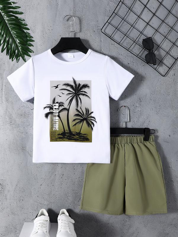 7-15Y Big Boys 2-Pieces Summer Clothes Hawaii Style Coconut Tree Graphics Knit Loose Short Sleeve Casual Tee Cargo Shorts Set White Catpapa 462401032