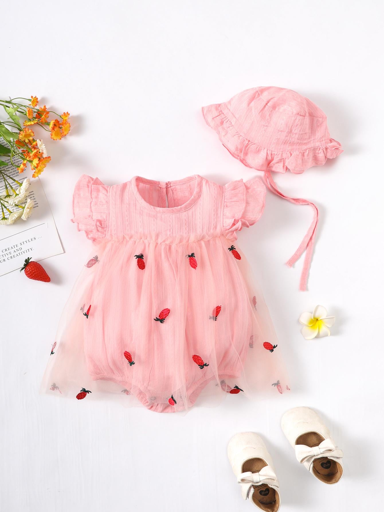 2-15M Kid Fashion Ready Stock Girls Clothes Summer Sleeveless Gauze Dress Romper With Hat 2Pcs Set Catpapa ZX-ZB033