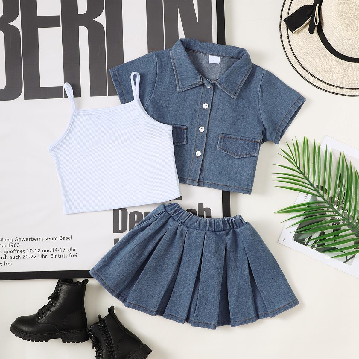 4-7Y 3PCS Girls Denim Set, Short Sleeve Denim Jacket + Denim Pleated Skirt + Camisole Set For Outdoor Music Festival Sizes 4-7 Catpapa 462312180