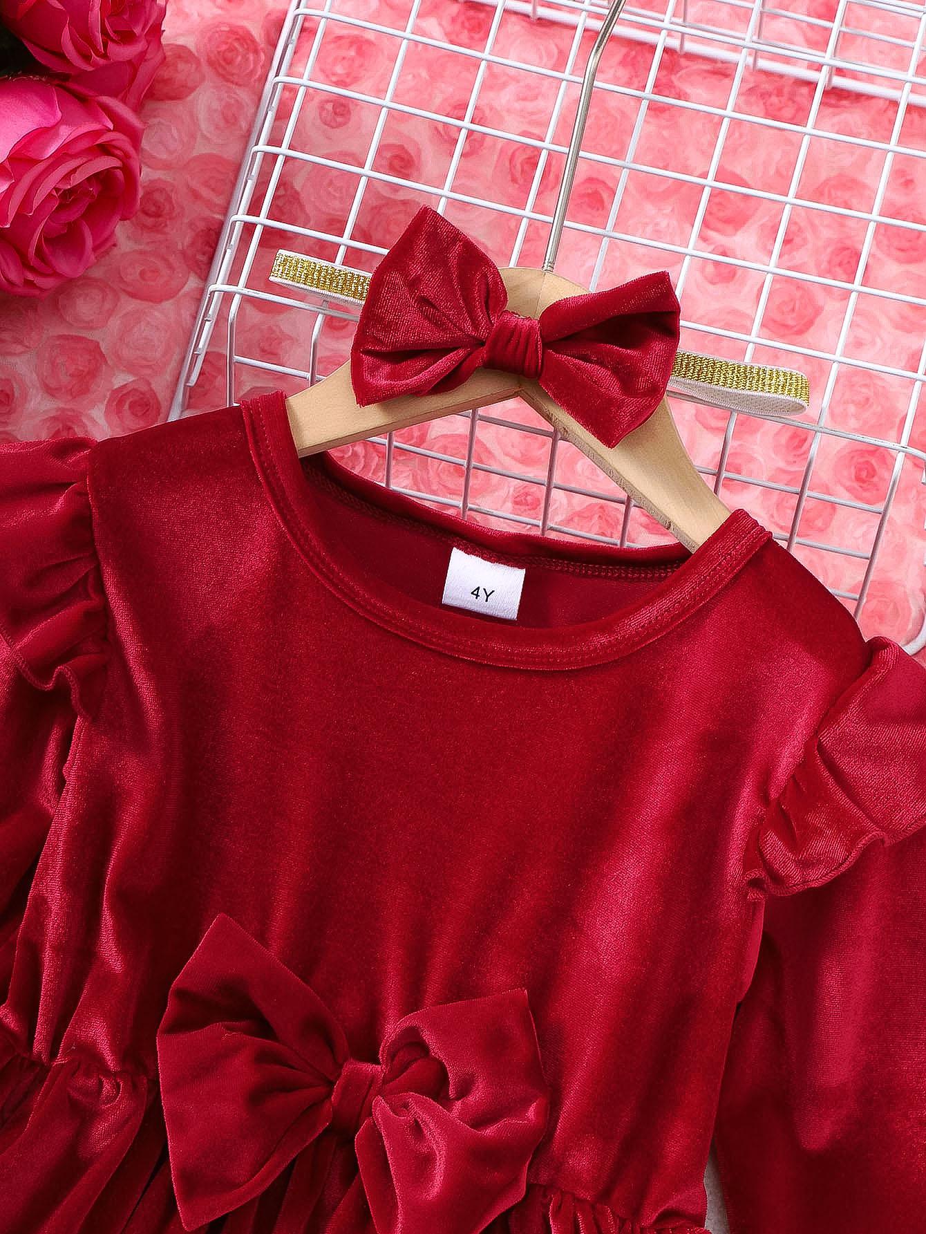 4-6Y Toddler Girl's 2pcs Plain Bow Decor Ruffle Trim Long Sleeve Dress & Hair Band Set,Cute Romantic Kids Fall Winter Outfits Red Catpapa 462311005