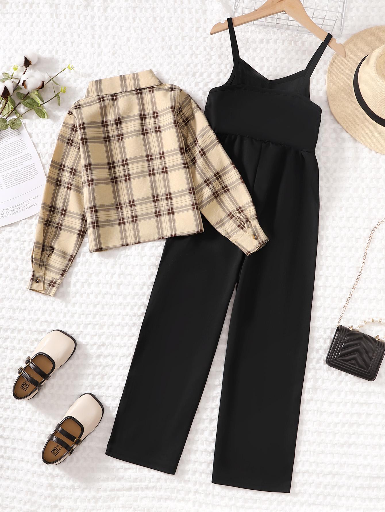 8-14Y Girls Ready Stock Kids Girls Outfits Straps Jumpsuits Plaid Print Turn-down Collar Coat 2Pcs Nice Apparel Clothes Set Black Catpapa 462307010