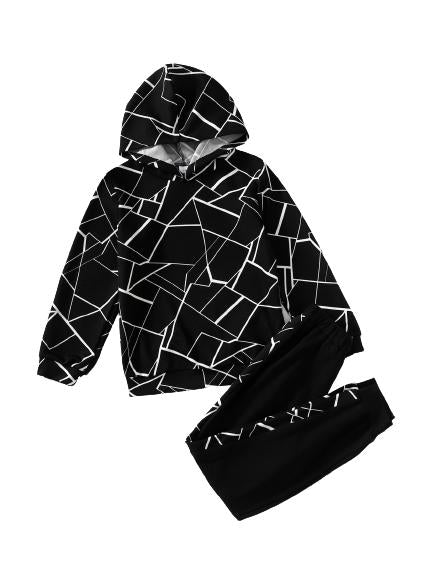 5-14Y Ready Stock Kids Clothes Boys Clothes Geographical Printing Fall Hoodies Elastic Splice Winter Pants 2Pcs Outfits Set Black 462304015