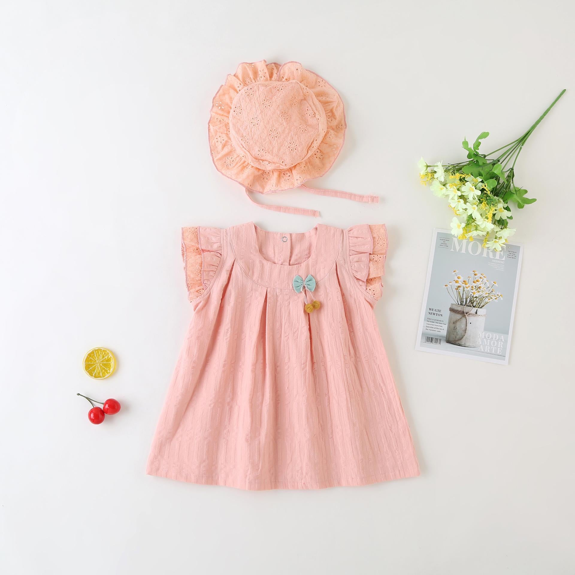 2-15M Kid Fashion Ready Stock Girls Outfits Sleeveless Solid Color Summer Dress With Hat 2Pcs Clothes Set Catpapa ZX-ZB001