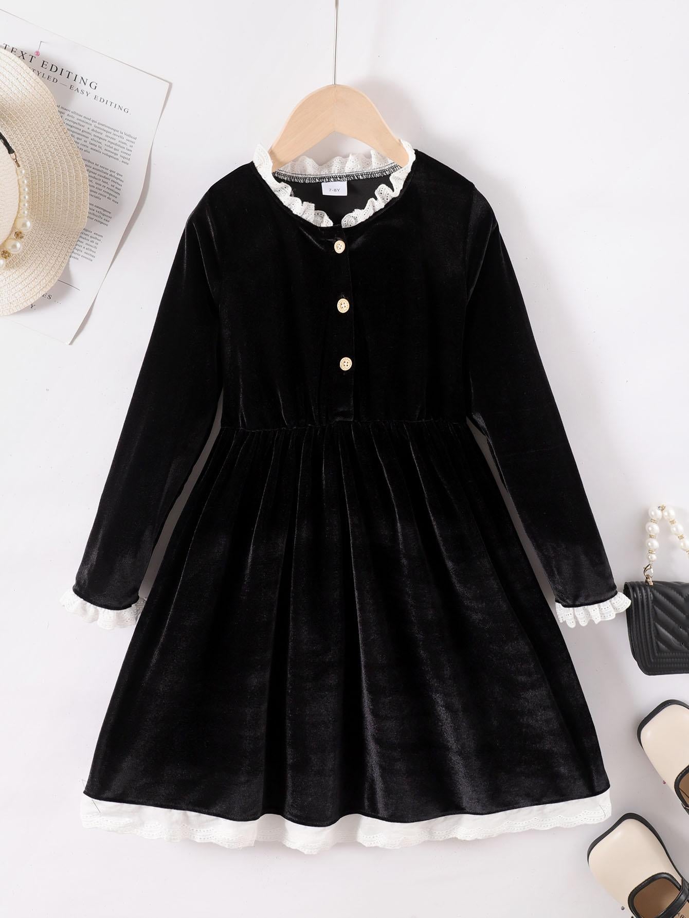 8-14Y Ready Stock Kids Clothes Girls Dress Retro Velvet Lace Solid Color Dress One Piece Leisure Dress Black Catpapa 462304011