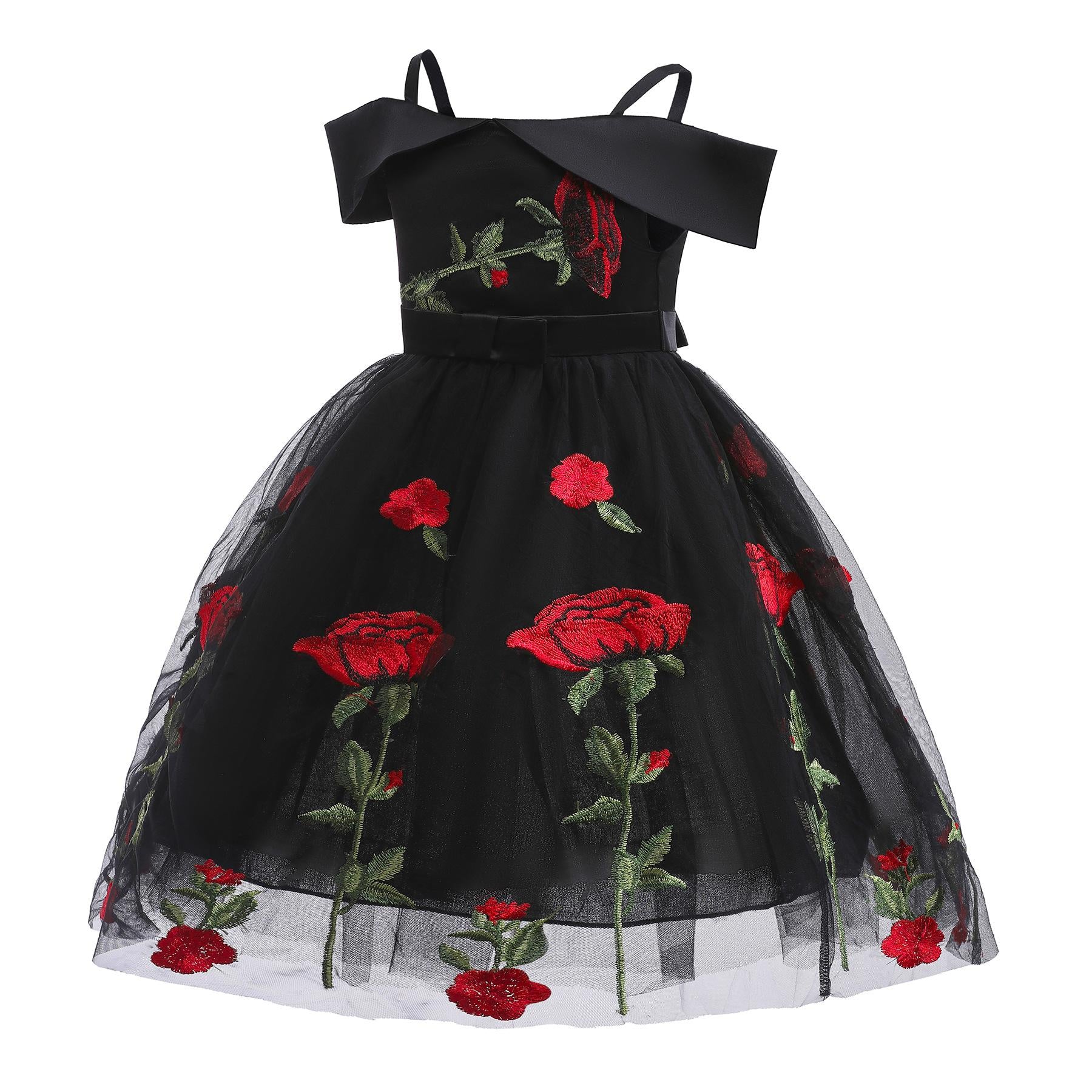 3-10Y Kids Fashion Baby Girls Princess Dress Off The Shoulder Rose Print Dress One Piece Performance Dress Catpapa ZT-2910