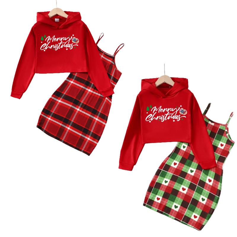 8-14Y Kids Girls Christmas Outfits Straps Plaid Print Dress Long Sleeve Sweater Hoodies 2Pcs Nice Apparel Clothes Set Red Catpapa 462307023