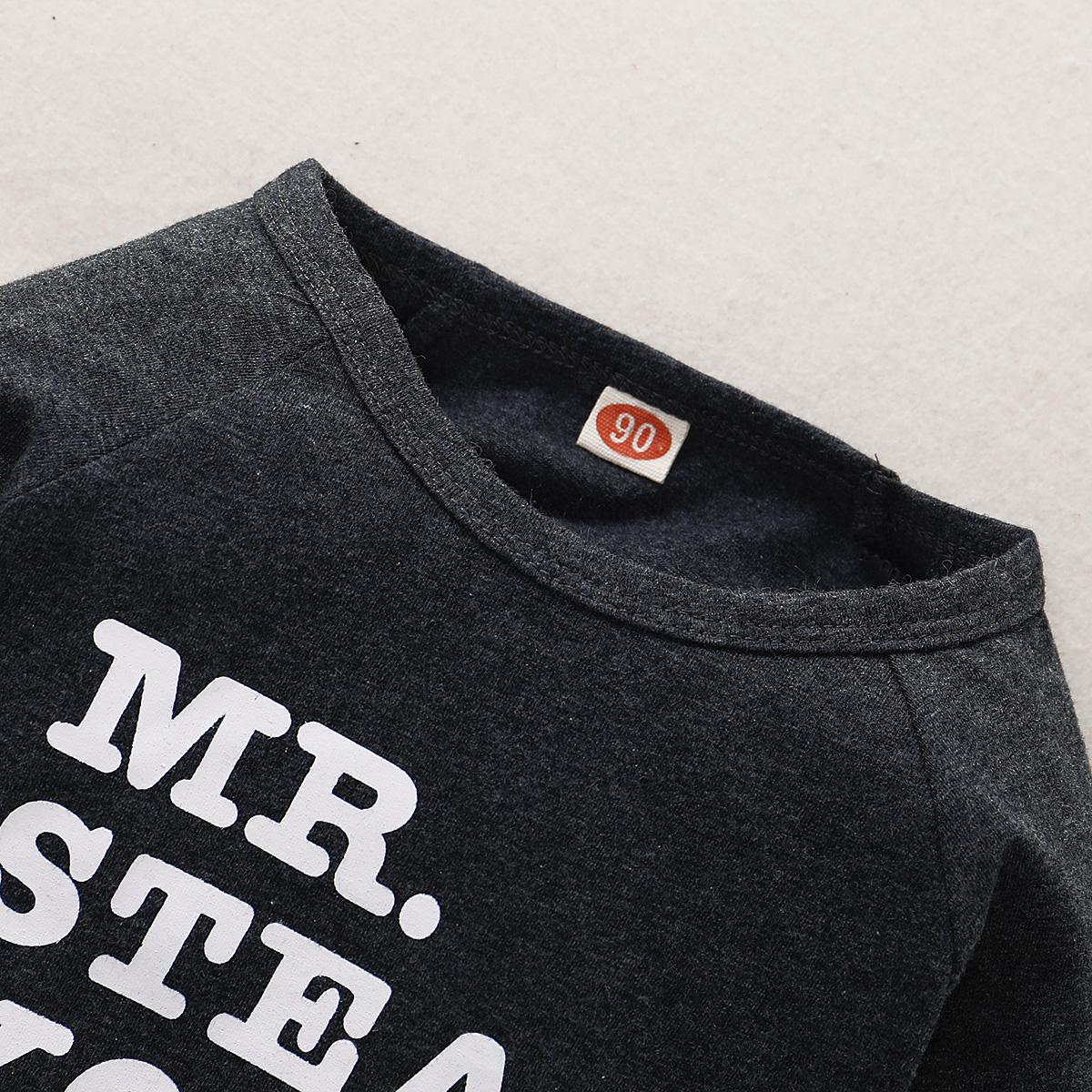 18M-5Y Kid fashion Boys Clothes MR STEAL Letter Print Dark Grey Crew Neck Long Sleeve 2PCS Catpapa WL20061048-3