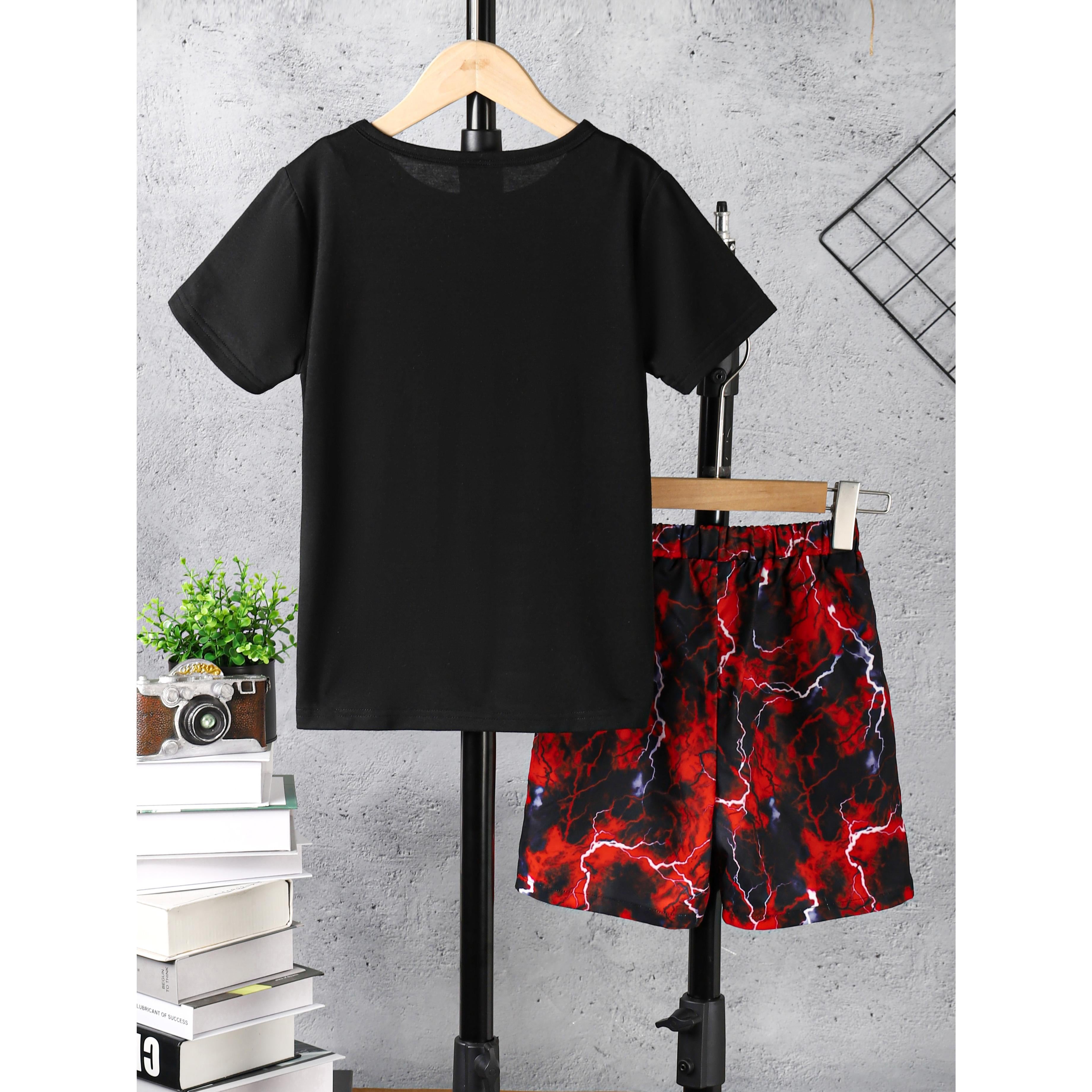 7-15Y Ready Stock Kids Boys Clothes Lighting Print Splice Summer T-shirts Elastic Shorts 2PCS Outfits Sets Black Catpapa 462306010