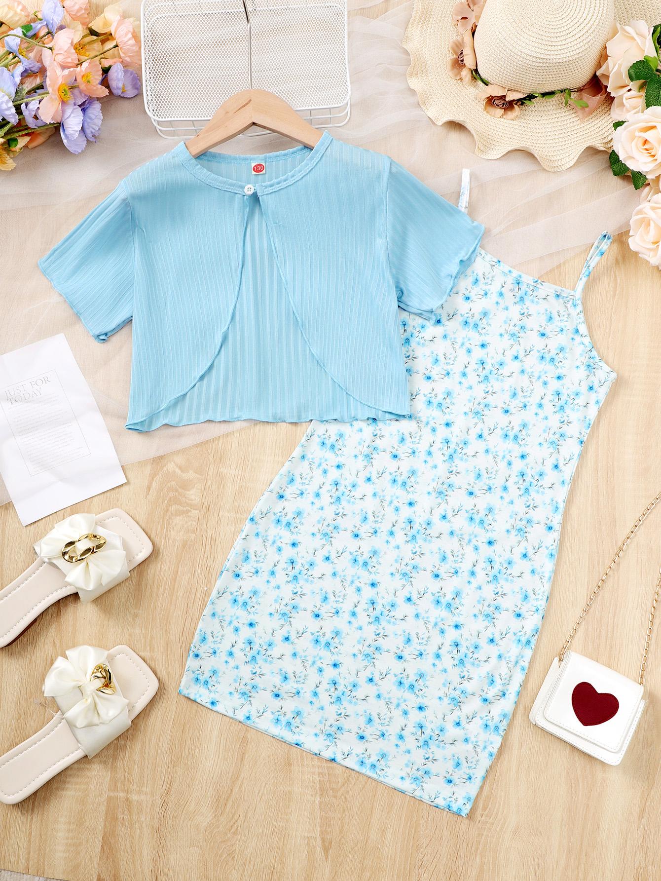 7-14Y Girls Outfit For 7-14y Big Girls Short Sleeve Cardigan Top + Floral Print Cami Dress Holiday Casual Set, Summer 2PCS Catpapa 462401050