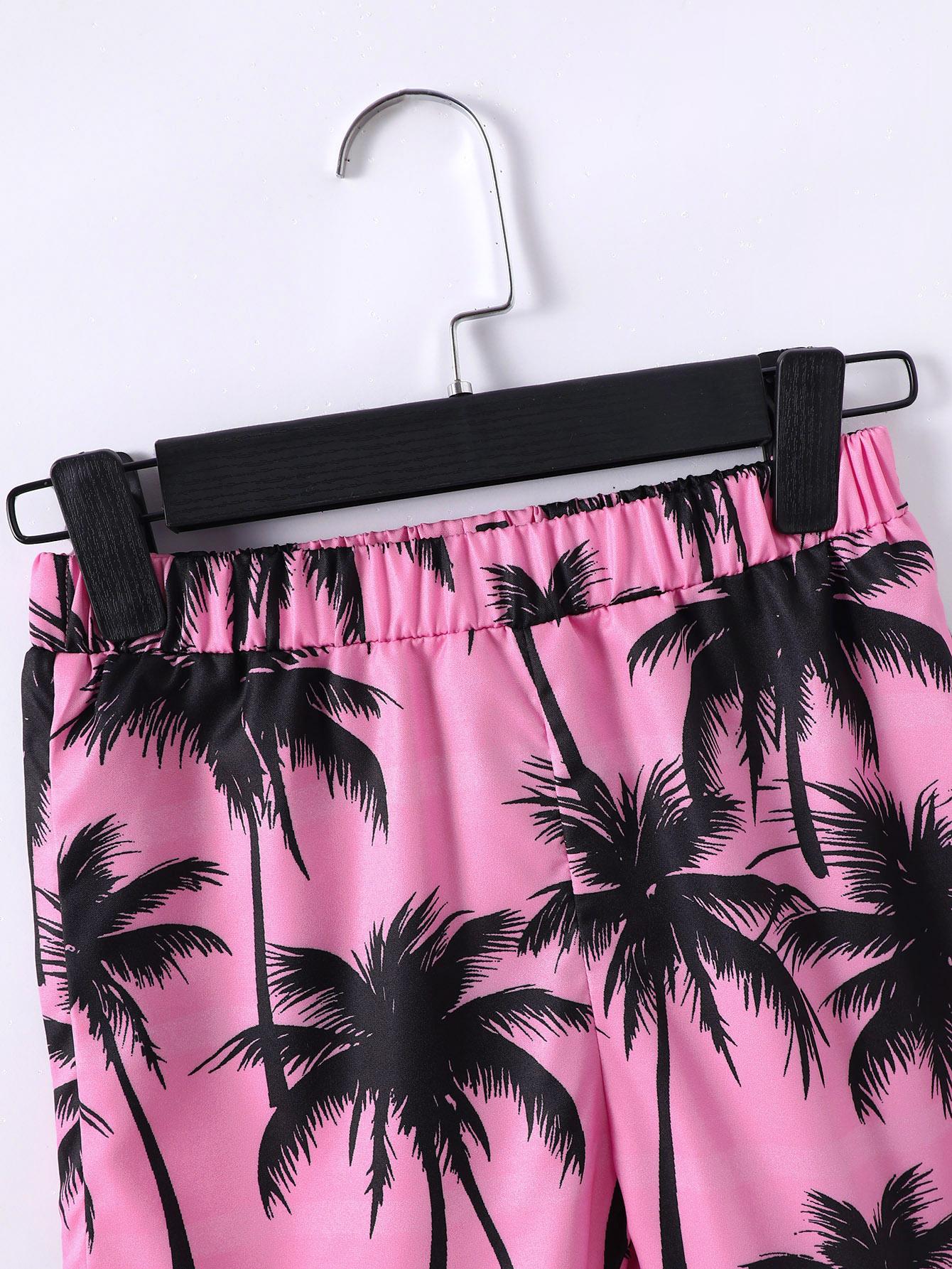 7-15Y Kid Boys Coconut Tree And VACATION Letter Graphic Print Splice Short Sleeve T-shirt 2Pcs Comfy Summer Clothing Pink Catpapa 462401036