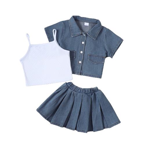 4-7Y 3PCS Girls Denim Set, Short Sleeve Denim Jacket + Denim Pleated Skirt + Camisole Set For Outdoor Music Festival Sizes 4-7 Catpapa 462312180