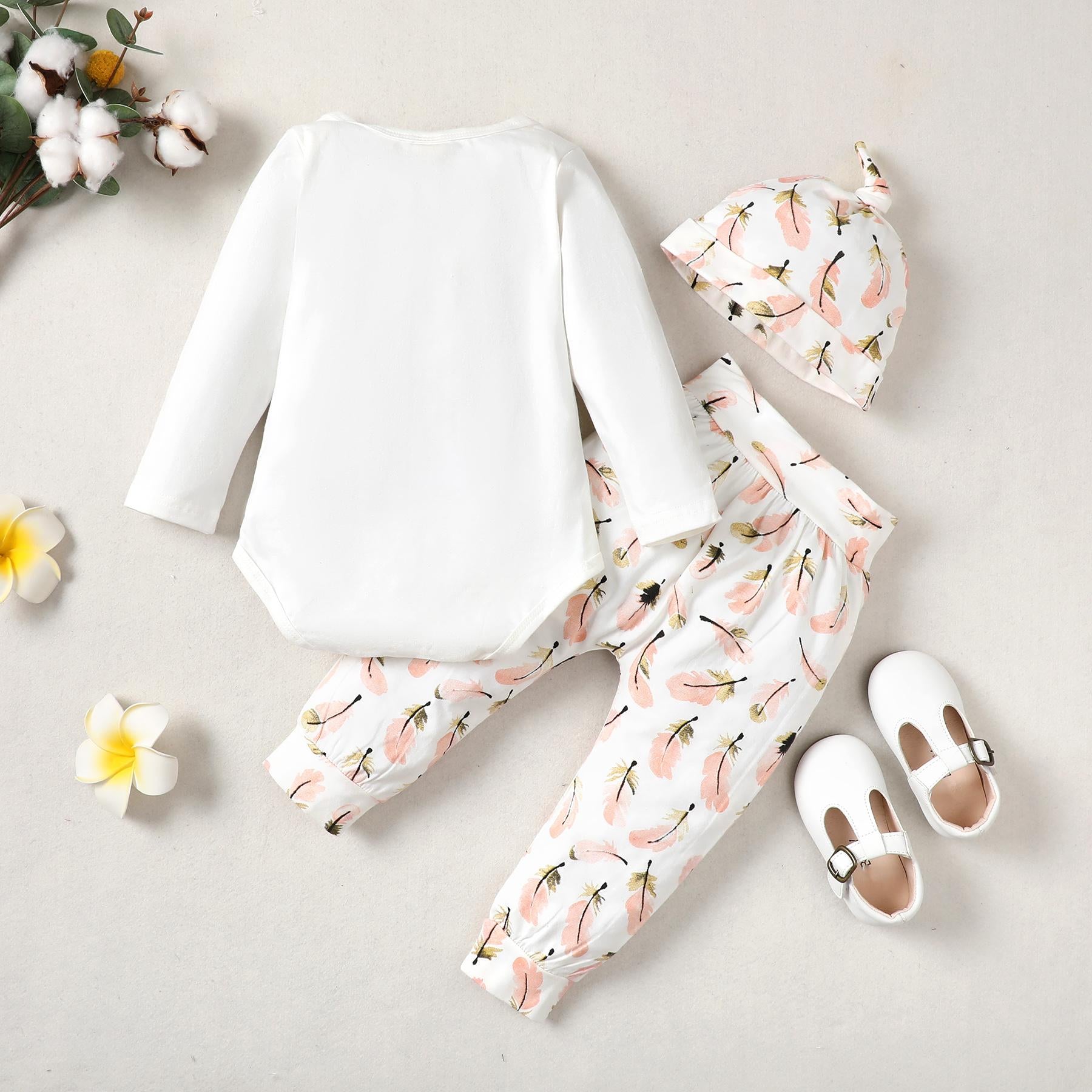 3-18M kid fashion girls Clothes Girl Long Sleeve Feather Bodysuit Pants Hat 3Pcs White Catpapa 191681