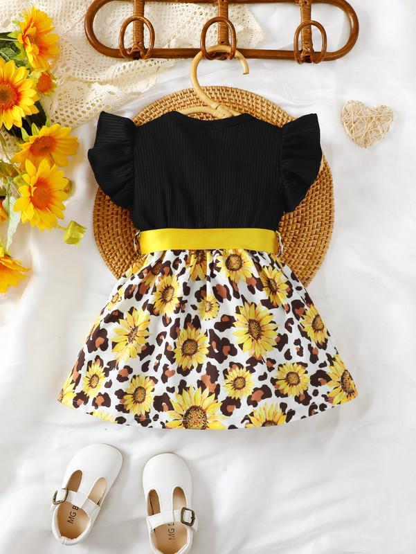 4-7Y Girls Dress Kid Girls Sleeveless Sunflower Print Leopard Pattern Splice Dress One Piece Summer Casual Dress Black Cattpapa GS132312157