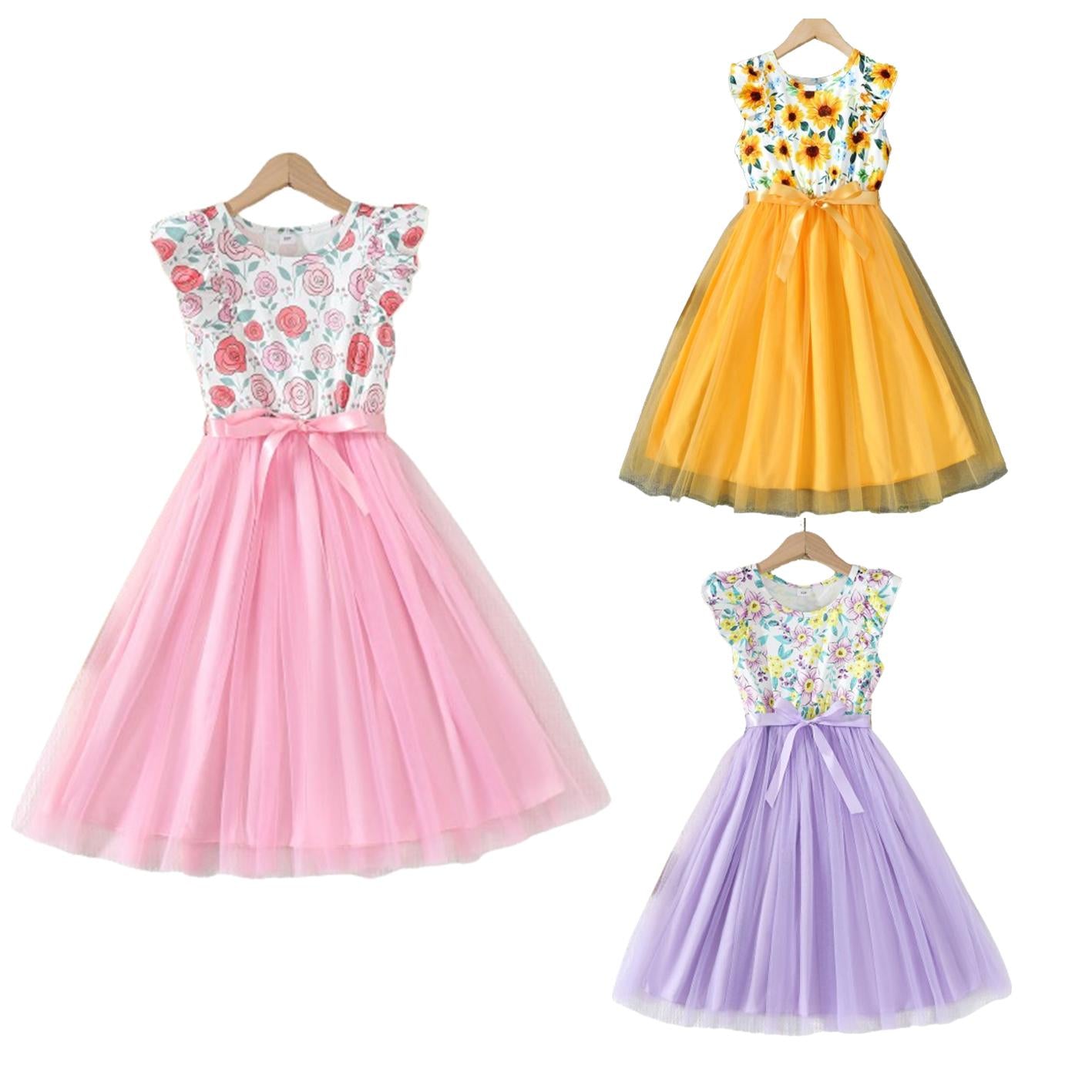8-12Y Ready Stock 8-12y Big Girls Feast Dress Rose Print Ruffle Splice Gauze Sleeveless Dress One Piece Princess Dress Pink Catpapa YCS132312303