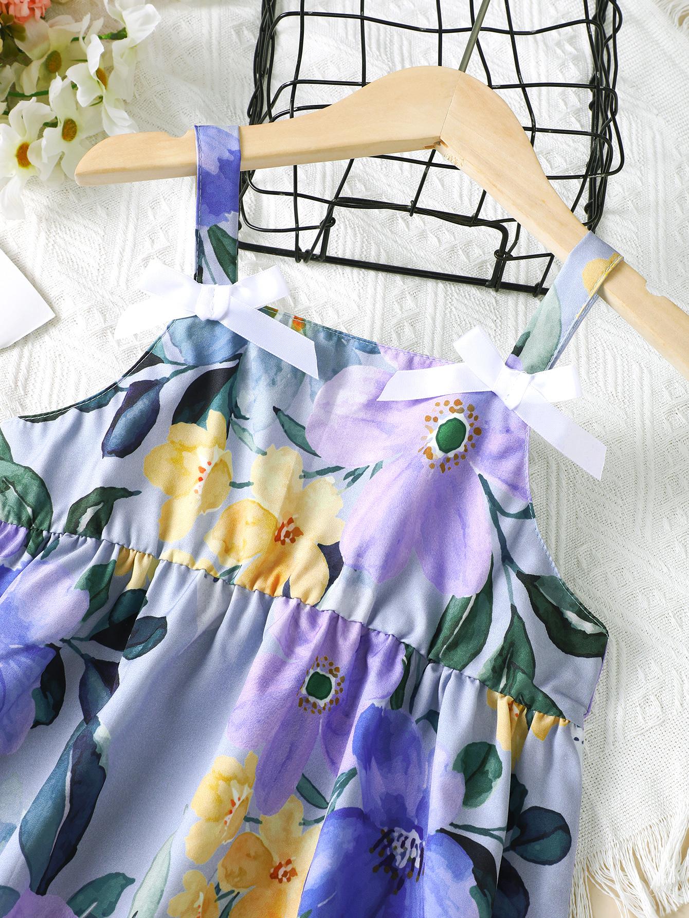 5-14Y Big Girls Clothes Floral Print Summer Straps Tops Washed Demin Pants 2Pcs Outfits Set Blue Catpapa 462302002