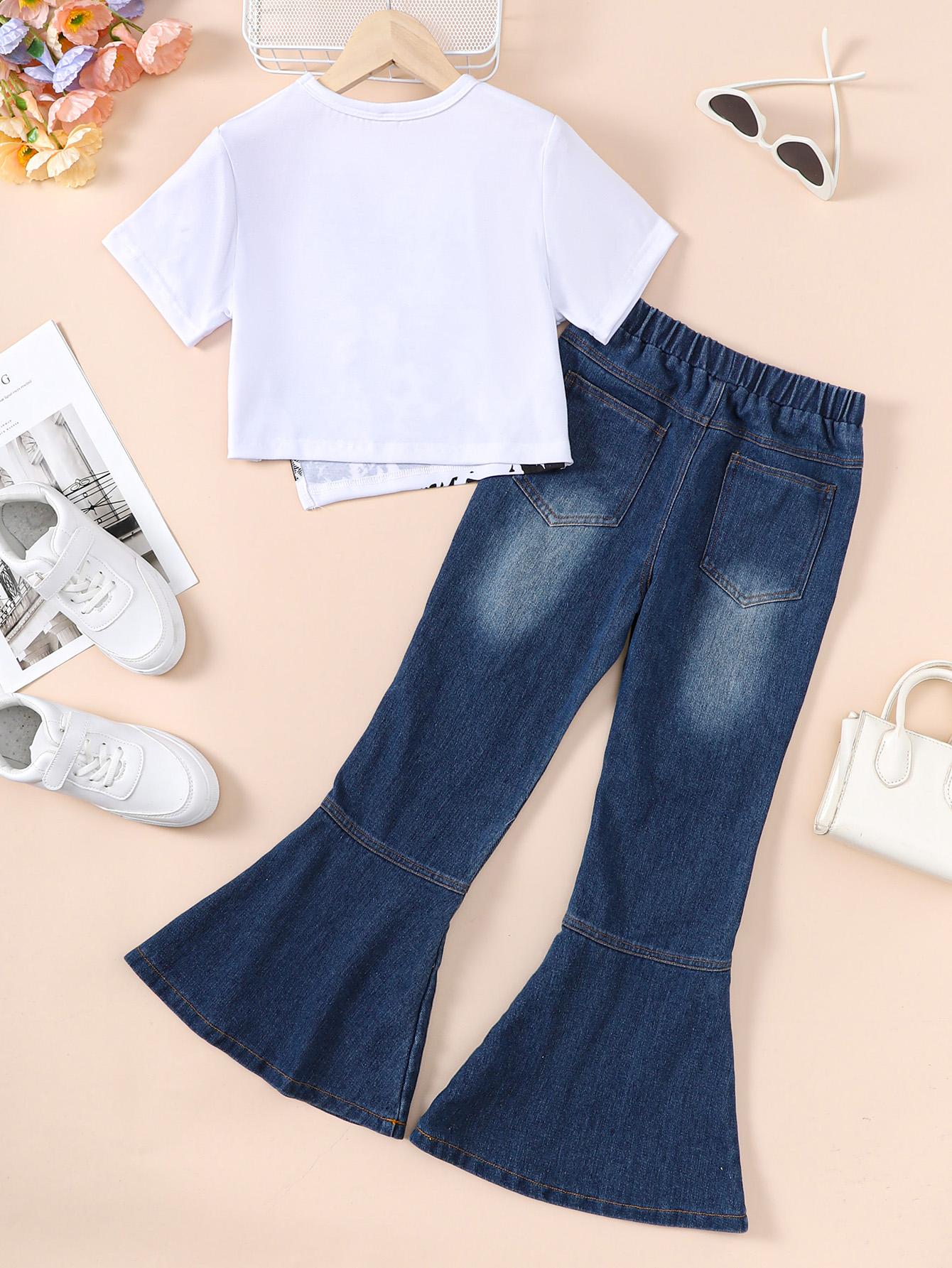 7-14Y Girl's Retro Short Sleeve Graphic Top + Flare Leg Ripped Jeans Holiday Casual Set, Summer 2PCS Girls Clothes Catpapa 462312027