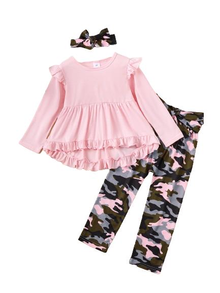 4-6Y Kid clothes Girls Clothes Solid Color Ruffle Long Sleeve Dress Camouflage Pants Headband 3Pcs Casual Outfit Sets Pink Catpapa 462311008