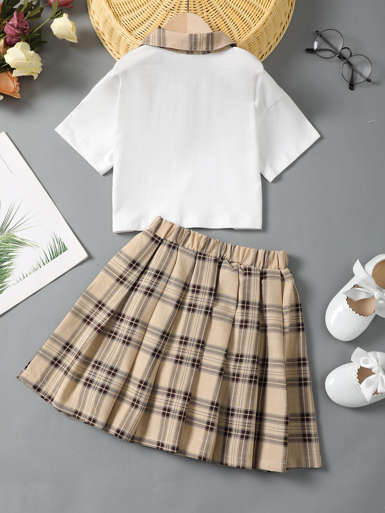 8-14Y Ready Stock Kid Girls 2pcs Preppy Patchwork Button Polo Short Sleeves Tops Plaid Pleated Skirt Set Summer Clothes White Catpapa 623010001