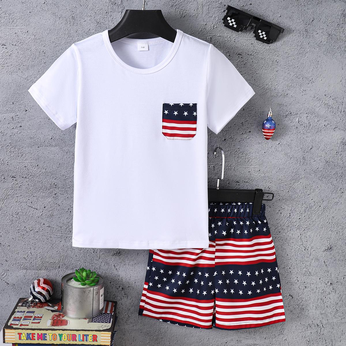 7-15Y Kid Boys Summer Outfits Casual T-shirt Elastic Stars and Stripes Shorts 2Pcs Independence Day Clothing From 7Y-15Y White Catpapa 462312039