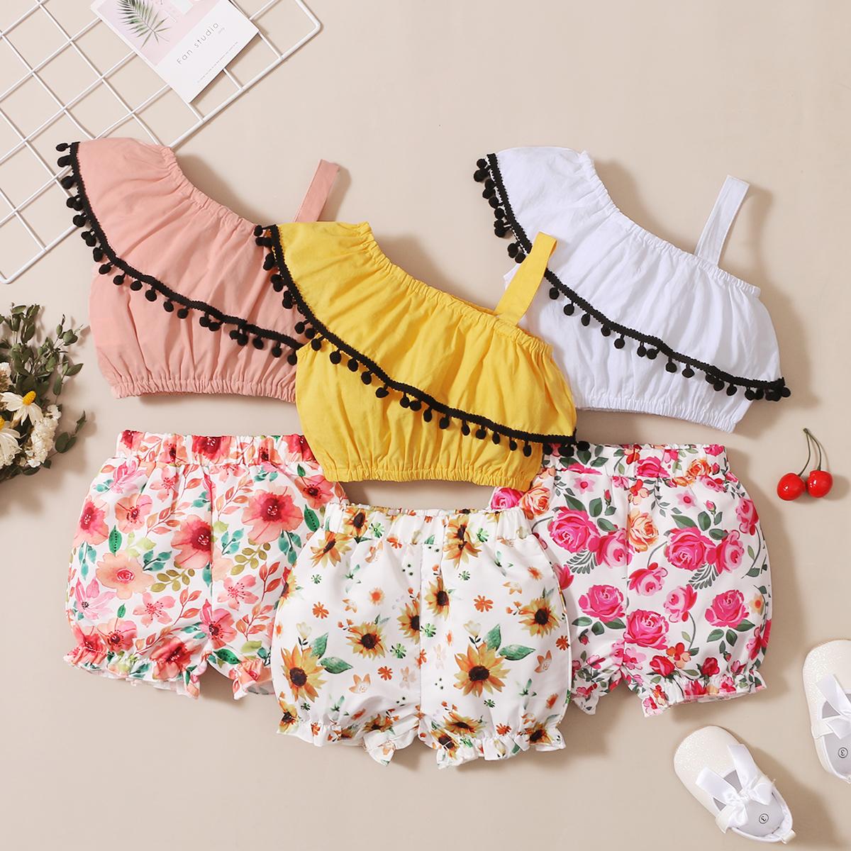 6M-3Y Ready Stock 6m-3y Baby Girls Clothes Summer One Shoulder Lotus Leaf Collar Tops Floral Shorts 2Pcs Outfits Catpapa 22103013
