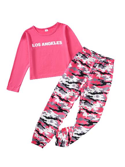 8-14Y Kids Girls Clothes Los Angeles Graphic Long Sleeve Casual Tops Elastic Camouflage Pants 2Pcs Fall Winter Outfits Rose Red Catpapa 462305014