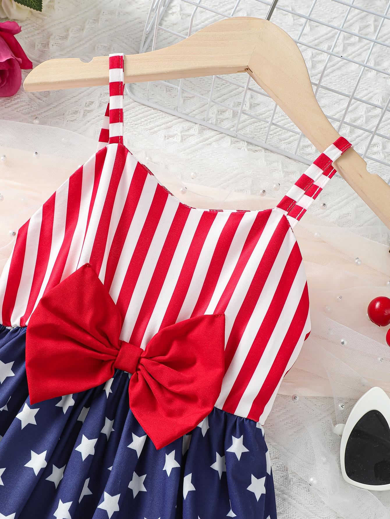 2-7Y Ready Stock Baby Girls Dress Stars and Stripes Bow Straps Dress One Piece Dress For Independence Day Catpapa 623030001