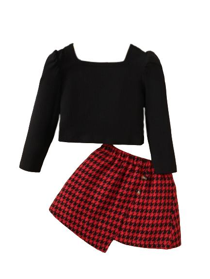 2-7Y Kids Girls Skirts Sets Long Sleeve Pure Color Tops Asymmetrical Houndstooth Skirts Spring Autumn 2Pcs Clothing Black Catpapa 462308161