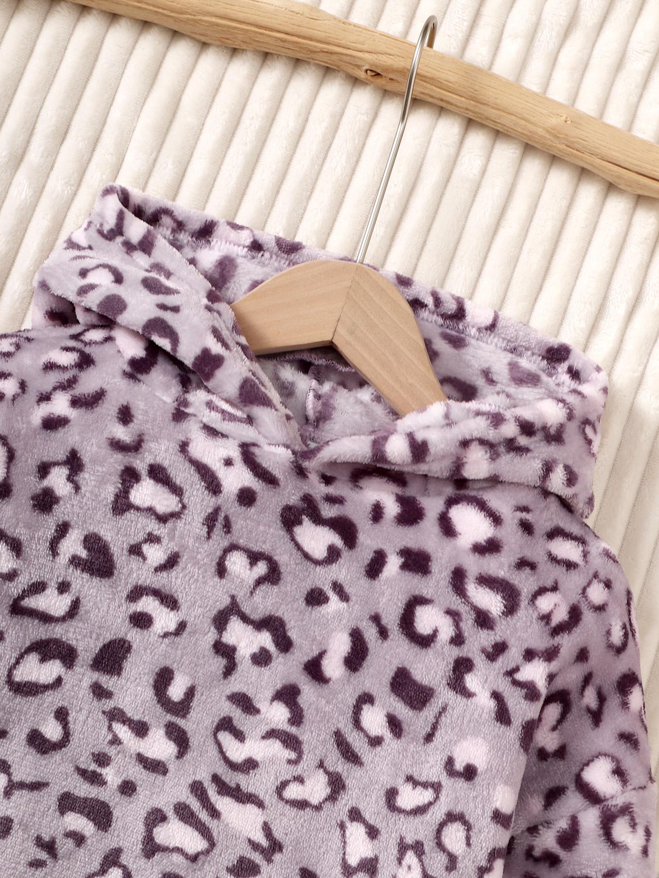 8-14Y Big Girls Plush Leopard Pattern Furry Warm Hooded Sweatshirt Coat For Teen Kids Fall/ Winter Outfit Purple Catpapa 462307018