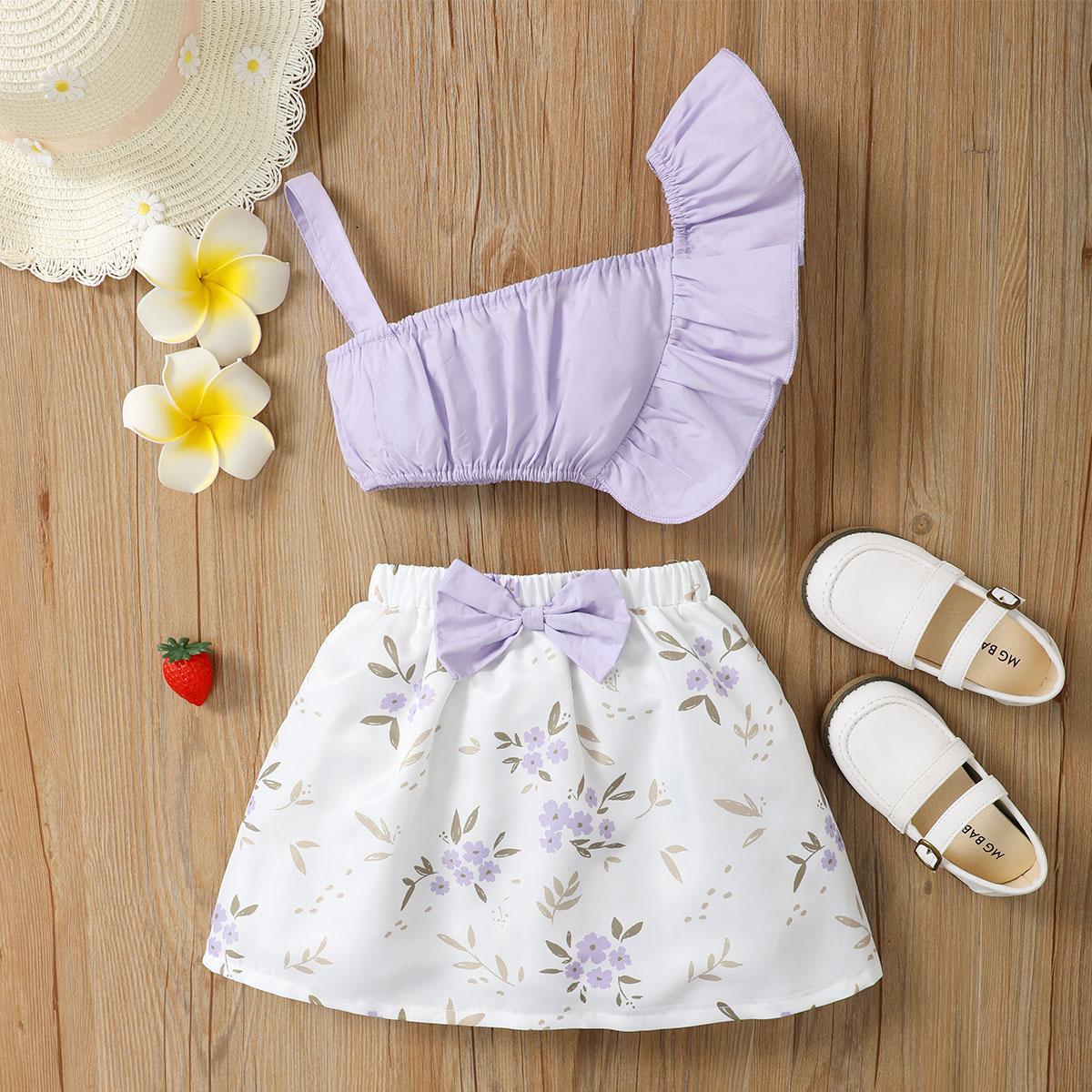 12M-7Y Kids Fashion Girls Clothes One Shoulder Summer Tops Flower Skirts 2Pcs Outfits Yellow catpapa 12110513