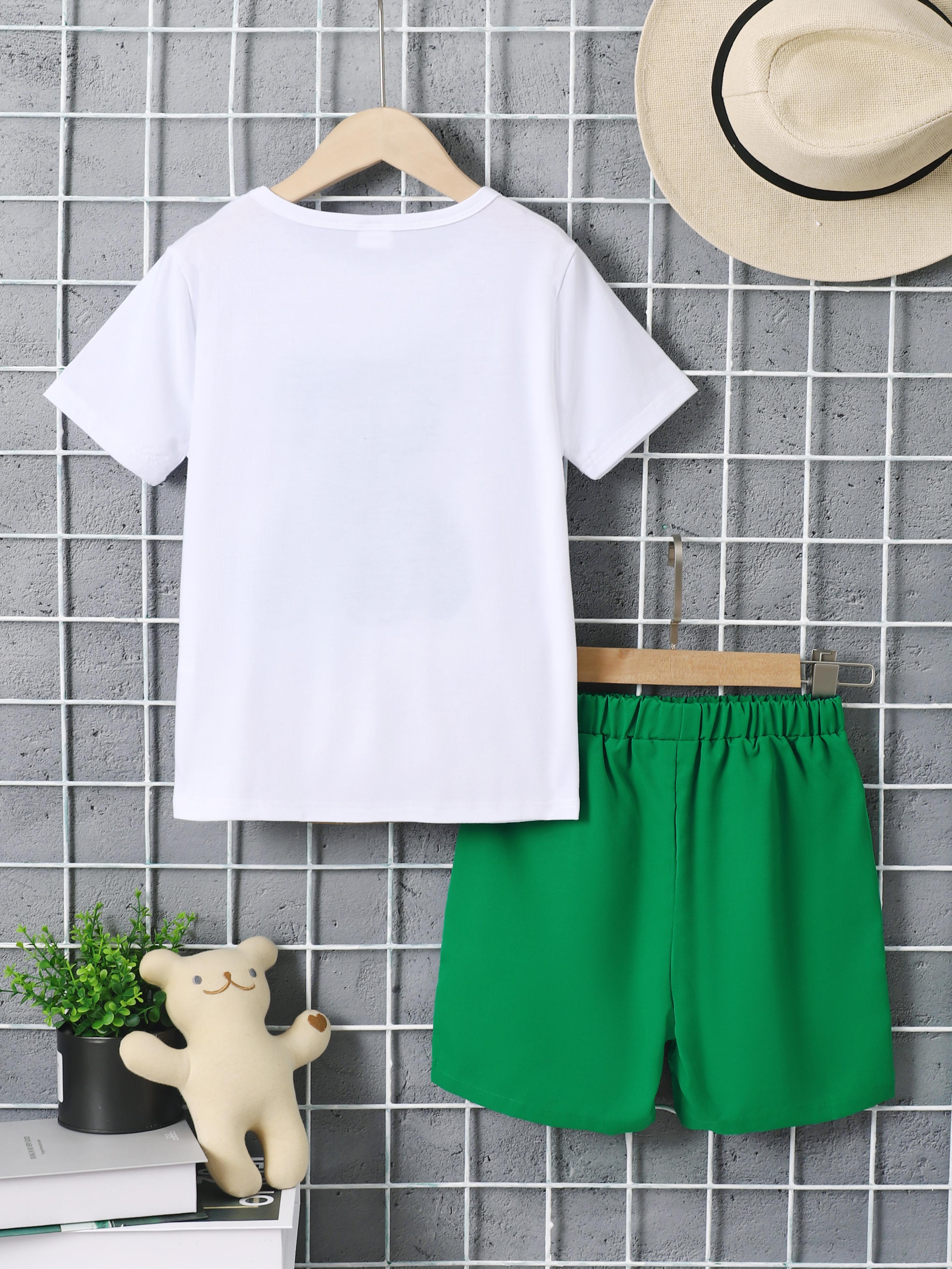 7-15Y Ready Stock Kids Clothes Boys Outfits Shorts Sets Bear Print Shorts Sleeve Tops Elastic Shorts 2Pcs Summer Clothes Set Green Catpapa 462306011