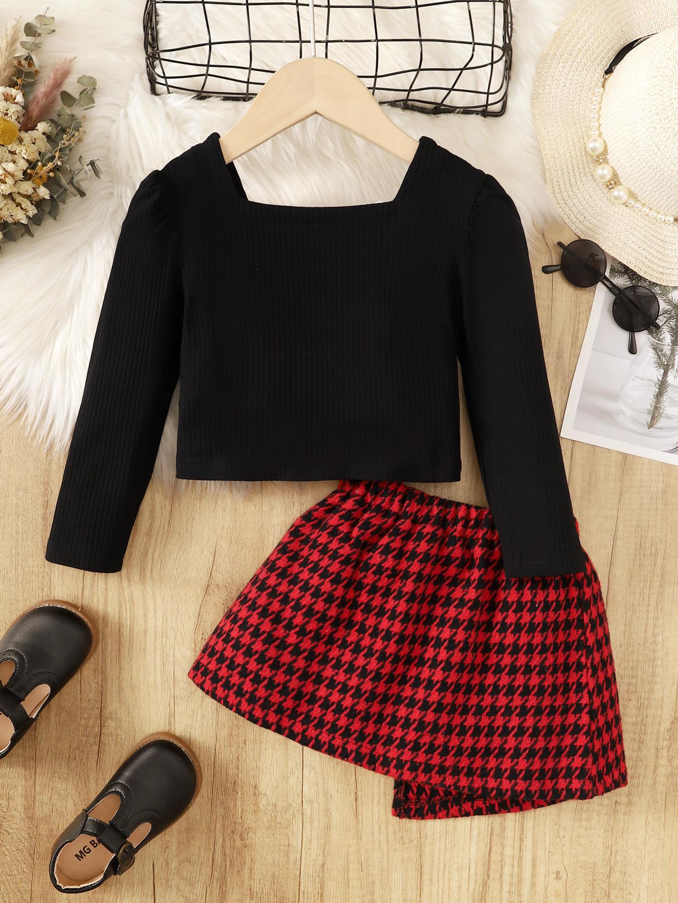 2-7Y Kids Girls Skirts Sets Long Sleeve Pure Color Tops Asymmetrical Houndstooth Skirts Spring Autumn 2Pcs Clothing Black Catpapa 462308161